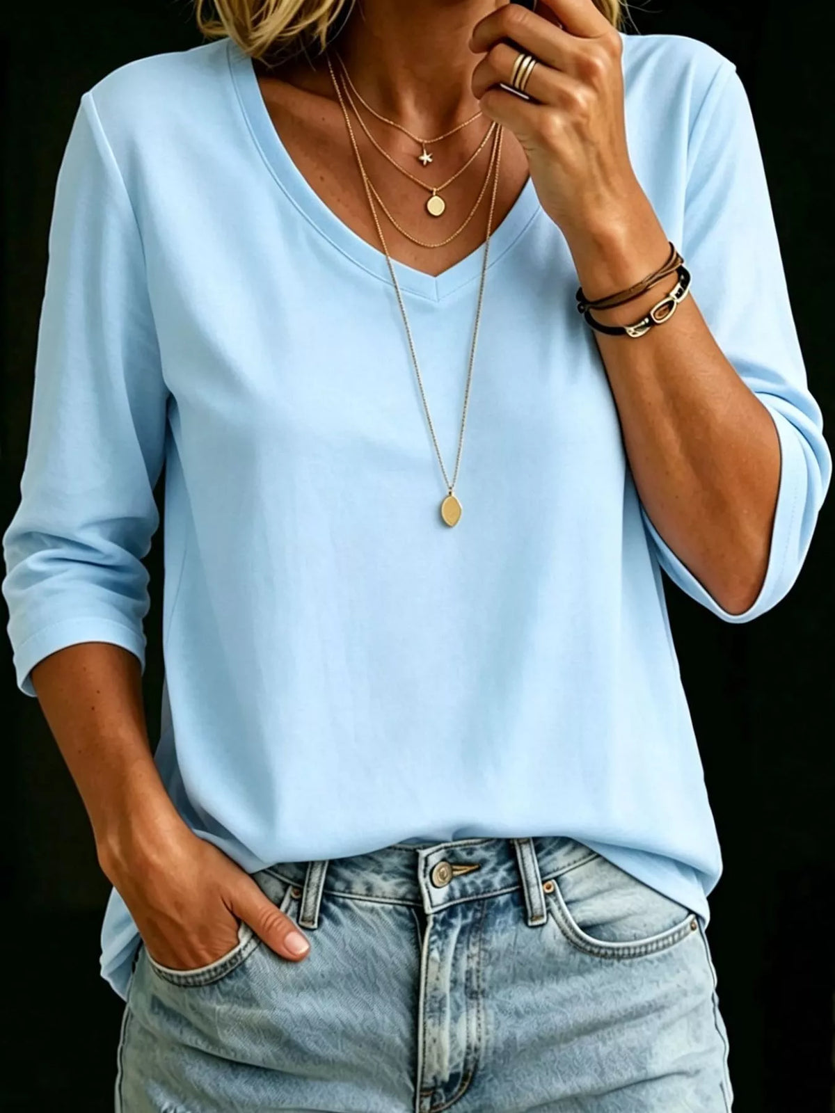 full size v-neck half sleeve t-shirt plus | dropsona - neutral - close-up detail