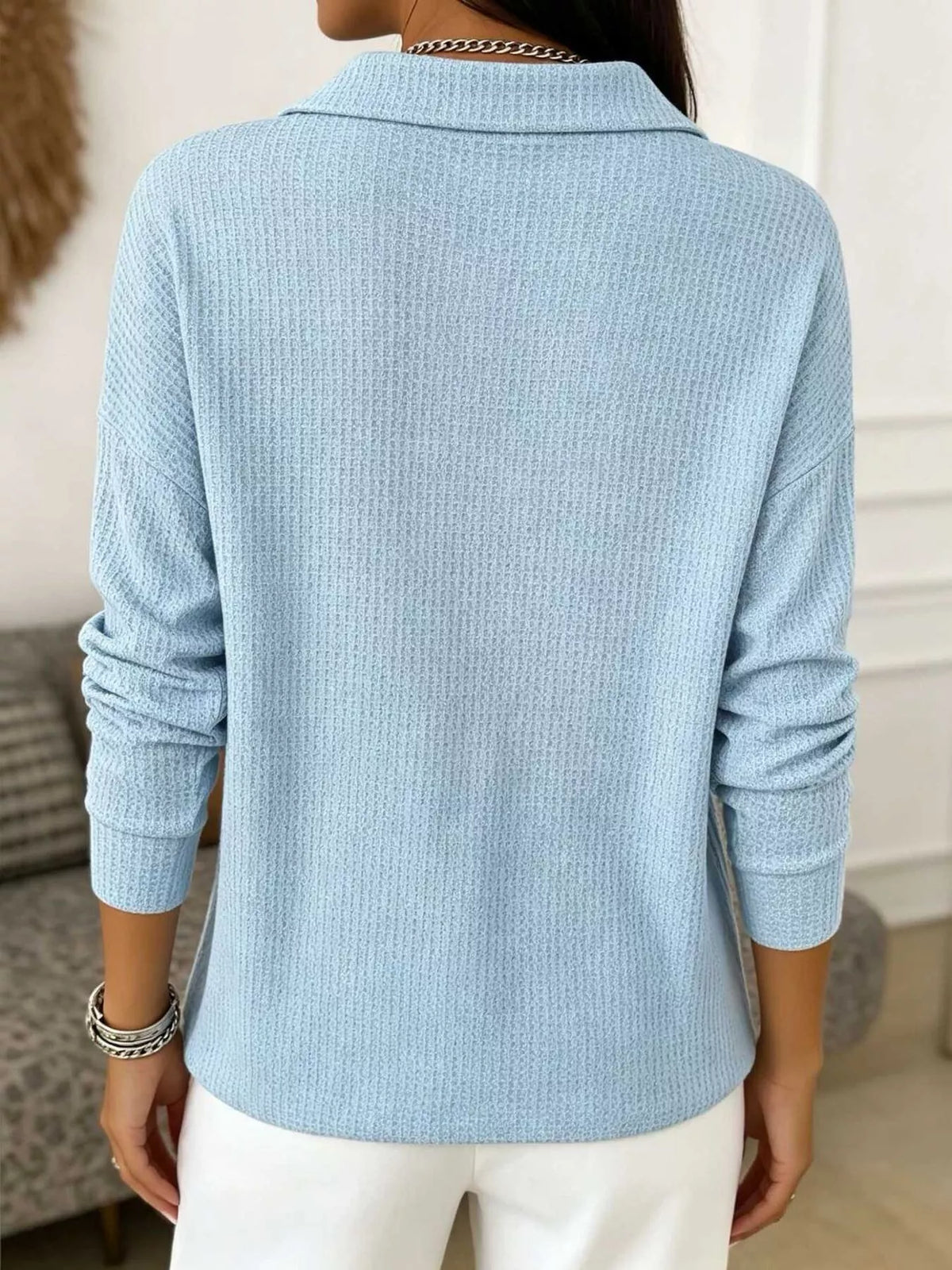 waffle knit snap down blouse – buttoned | dropsona - neutral - usage example