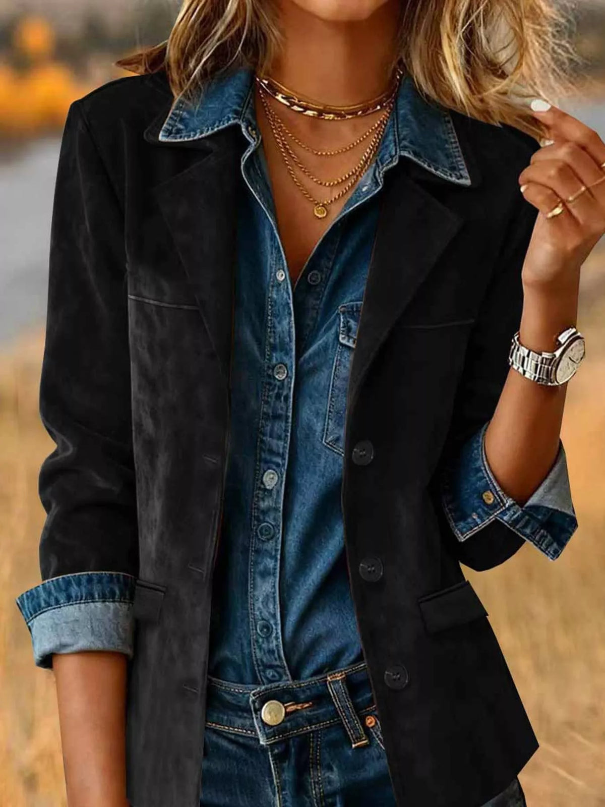 full size lapel collar button up blazer plus | dropsona - neutral - material texture