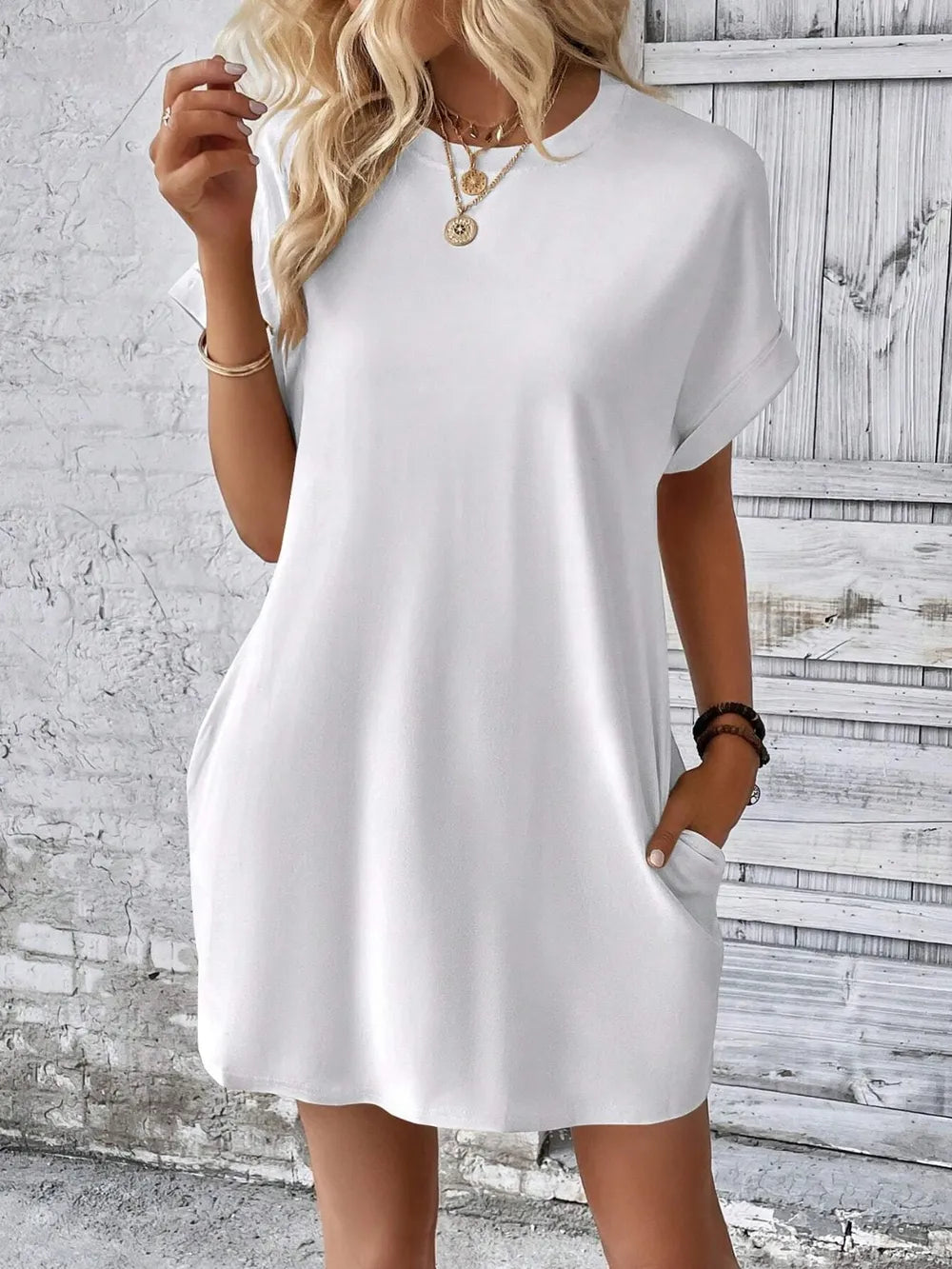 round neck short sleeve mini dress – basic style | dropsona - neutral - usage example