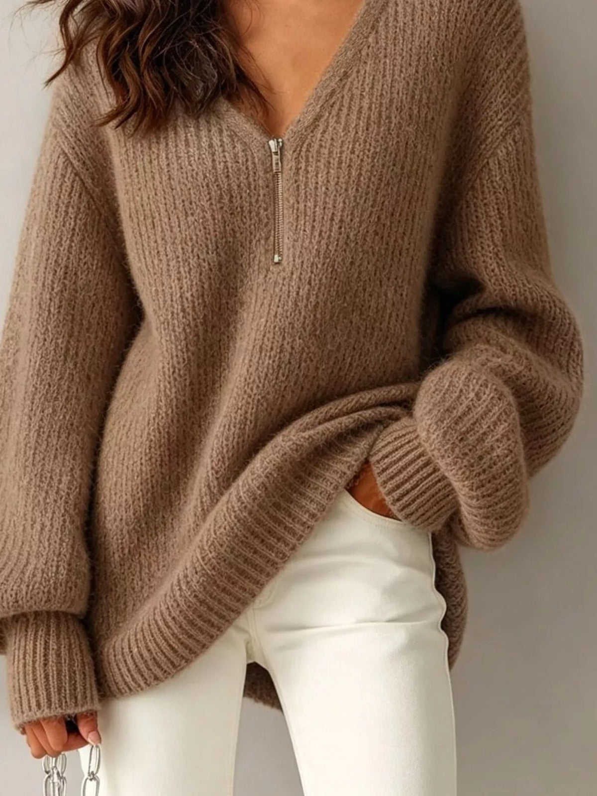 quarter zip dropped shoulder sweater – zipper | dropsona - neutral - usage example