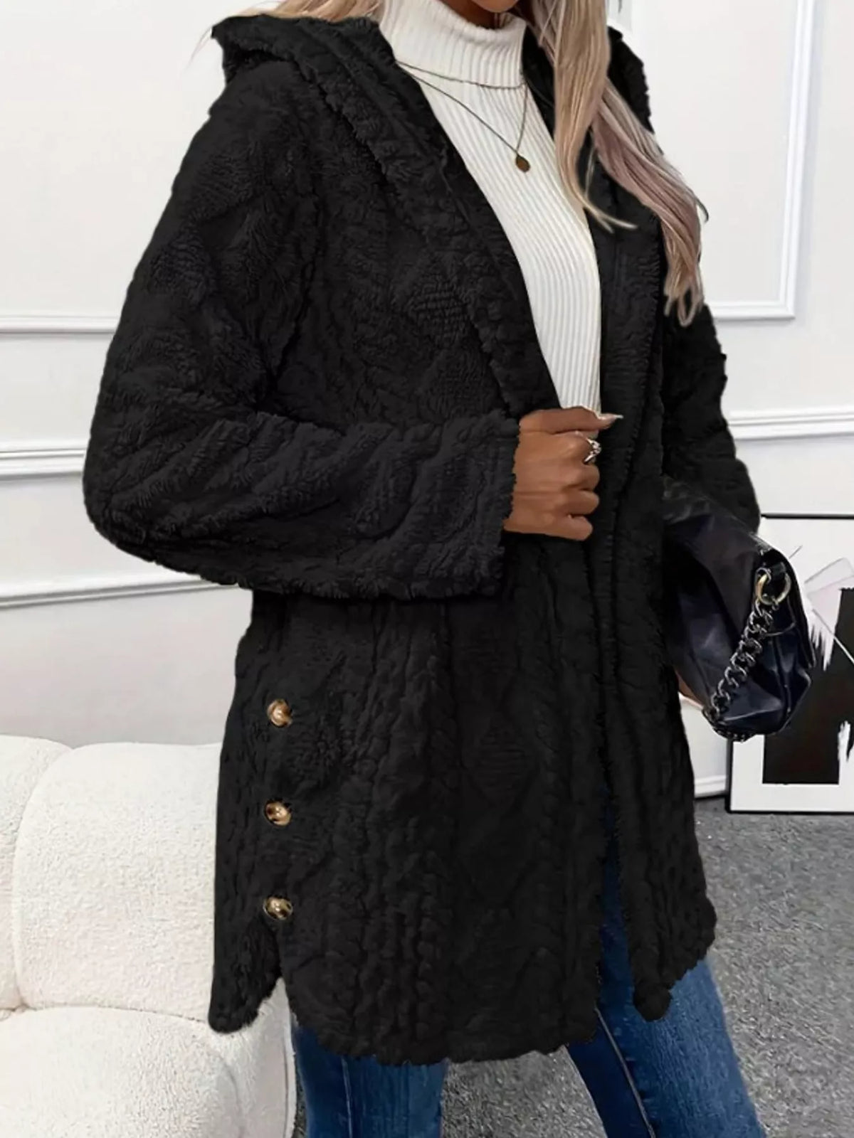 full size cozy cable-knit faux fur hooded outerwear | dropsona - neutral - size reference