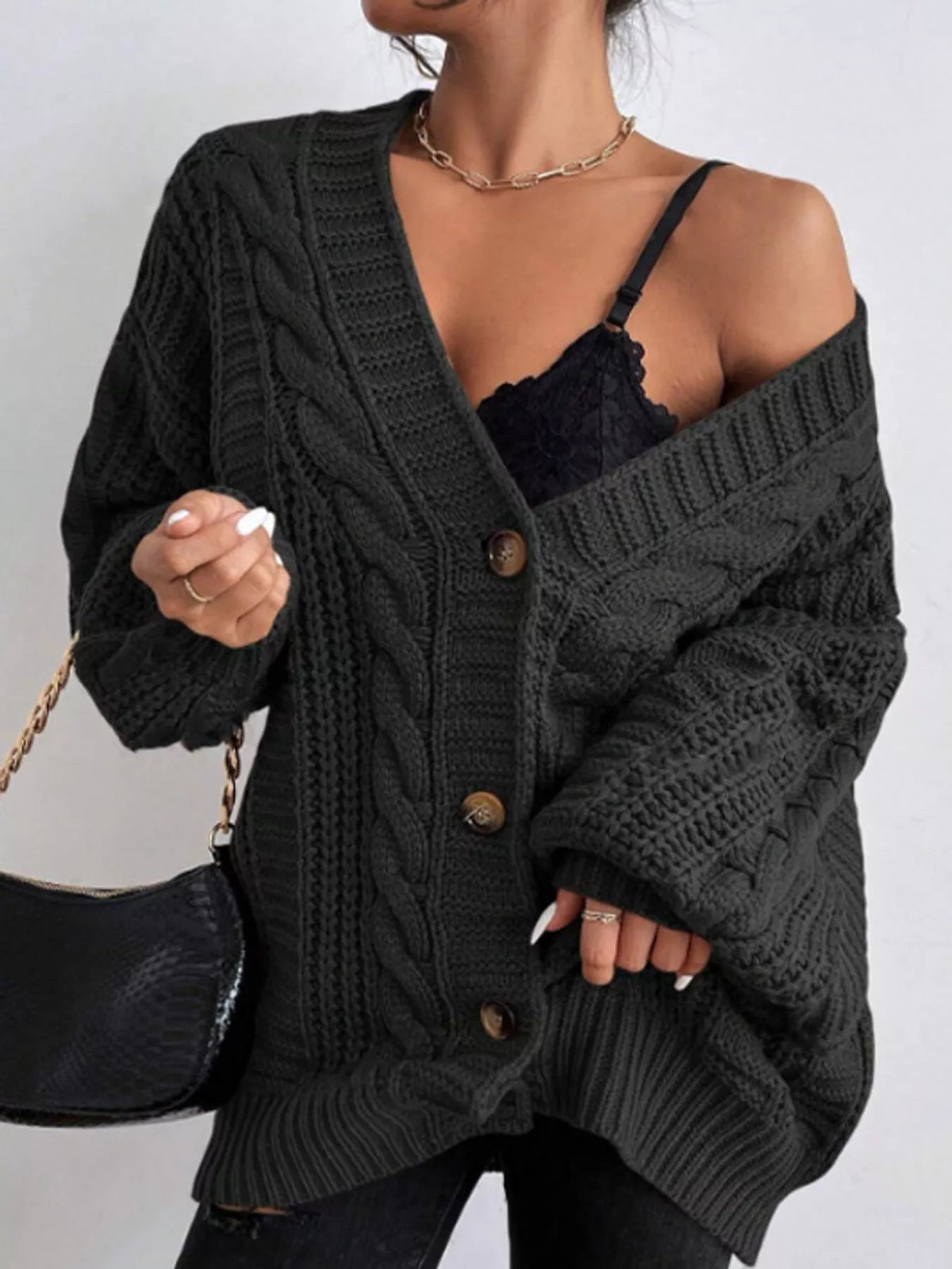 cable knit button-down cardigan | dropsona - neutral - material texture