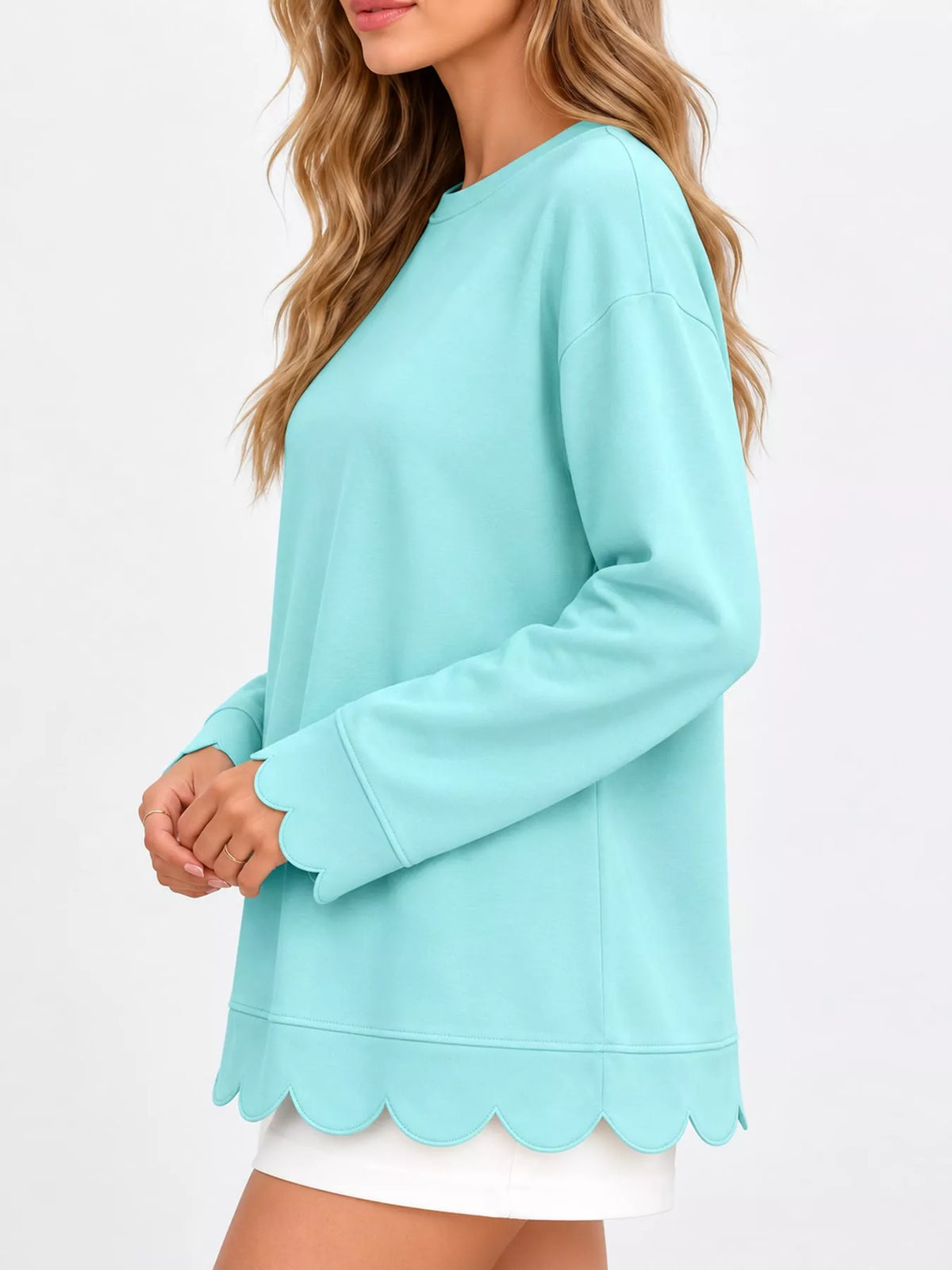 full size casual scalloped hem crewneck sweatshirt | dropsona - neutral - usage example