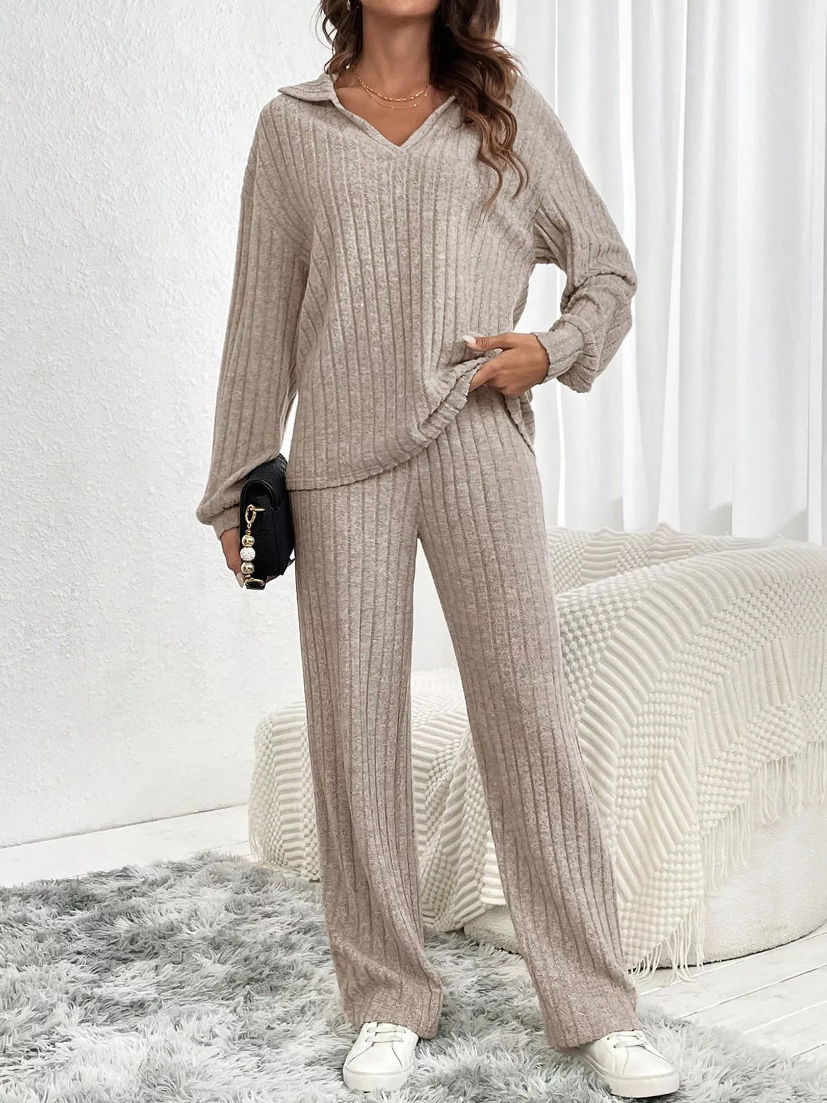 ribbed knit collared top and wide leg pants set | dropsona - neutral - front view