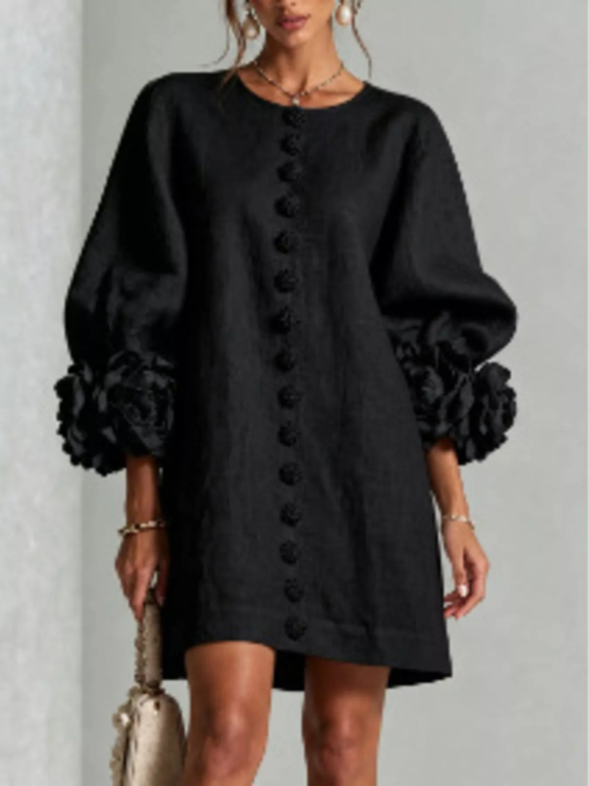 full size 3d floral sleeve round neck dress plus | dropsona - neutral - front view