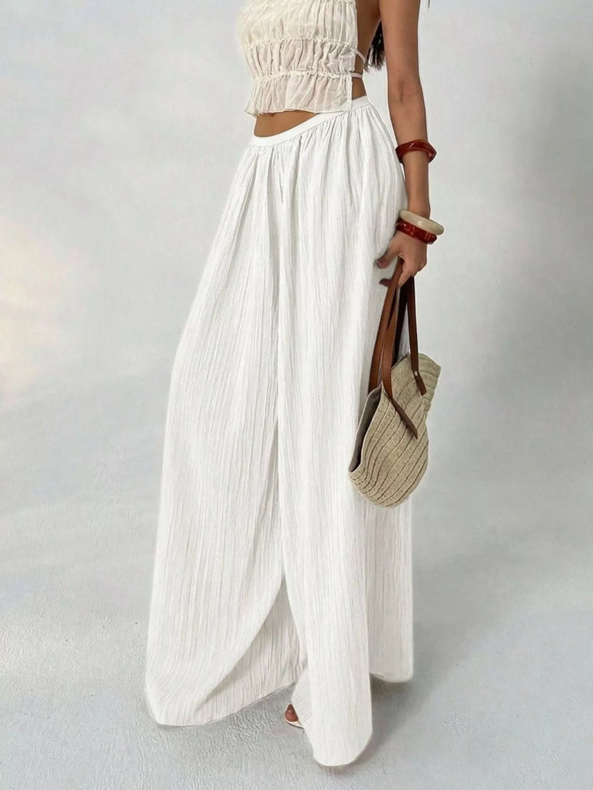 high-waisted wide-leg pleated casual pants | dropsona - neutral - packaging
