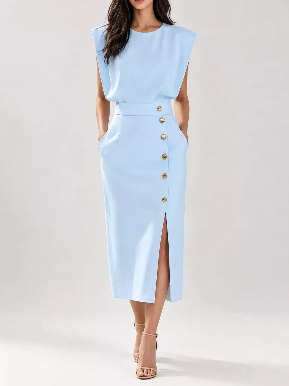 sleeveless midi dress with gold button detail and | dropsona - neutral - front view