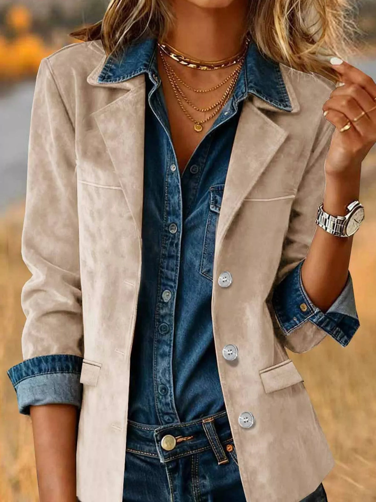 full size lapel collar button up blazer plus | dropsona - neutral - packaging