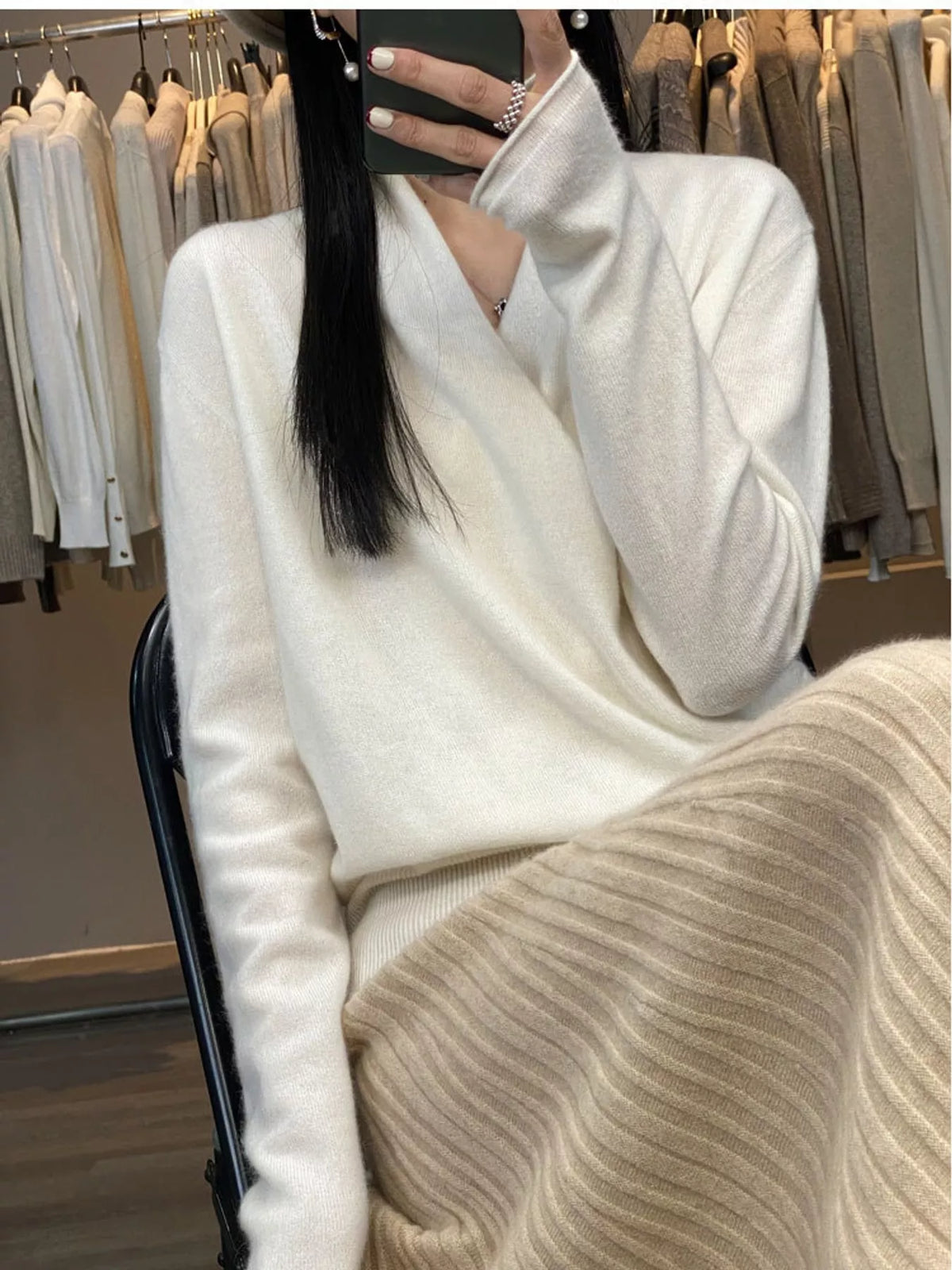 wrap-front long sleeve sweater – crisscross,ribbed fit | dropsona - neutral - front view