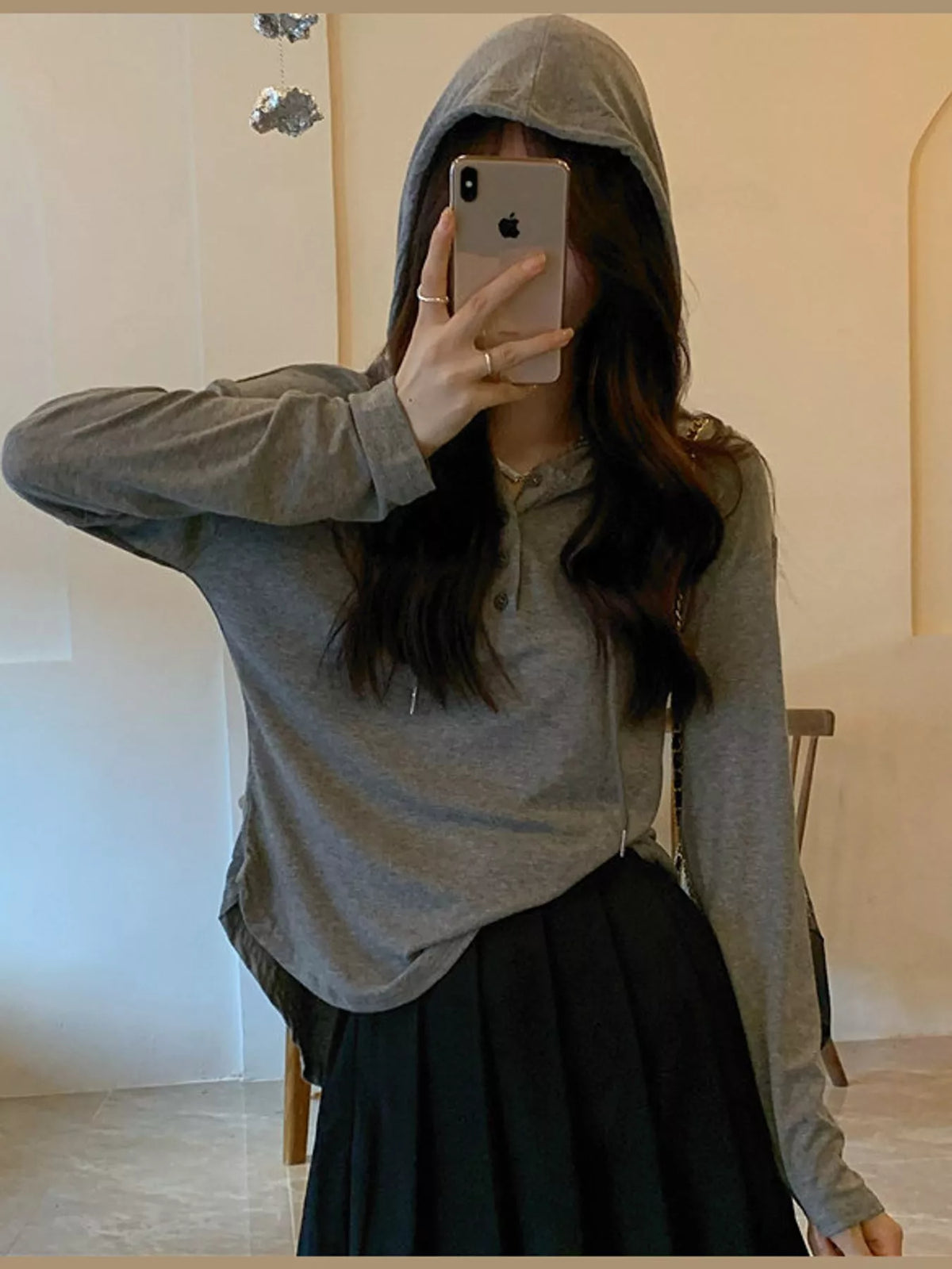 casual long-sleeve hooded henley t-shirt | dropsona - neutral - material texture
