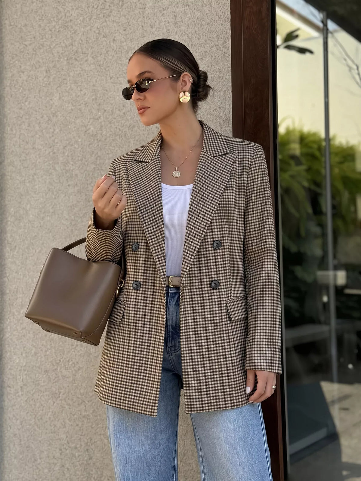 plaid lapel collar double-breasted blazer | dropsona - neutral - front view