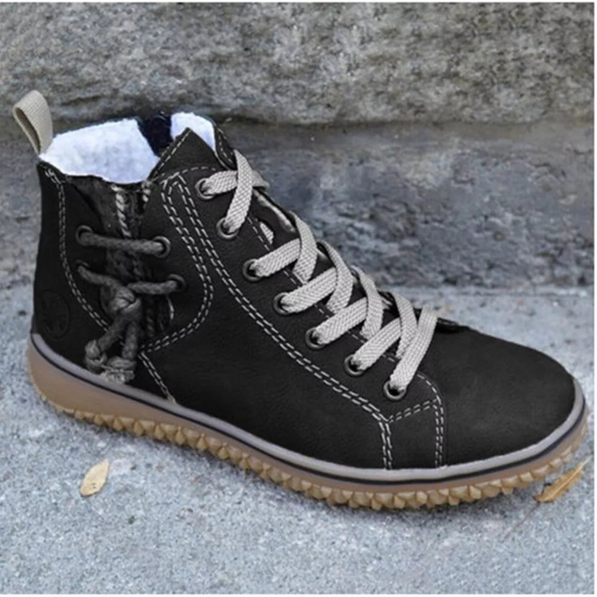 faux suede lace-up ankle boots with warm fleece lining | dropsona - neutral - close-up detail