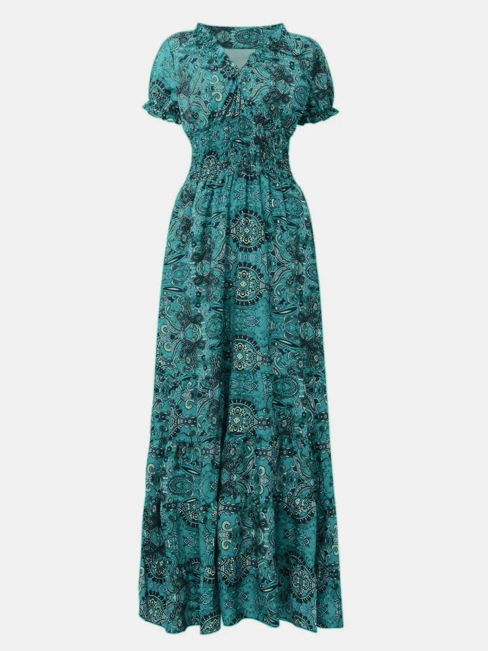 full size smocked printed v-neck short sleeve dress - front view