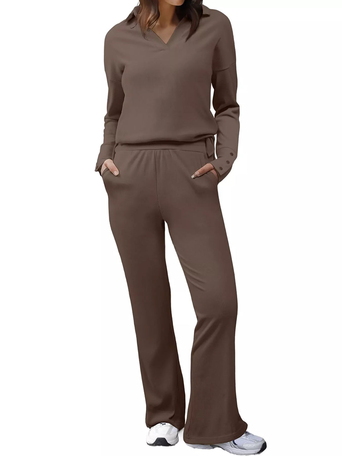 elegant long sleeve polo collar top and pants set | dropsona - neutral - front view