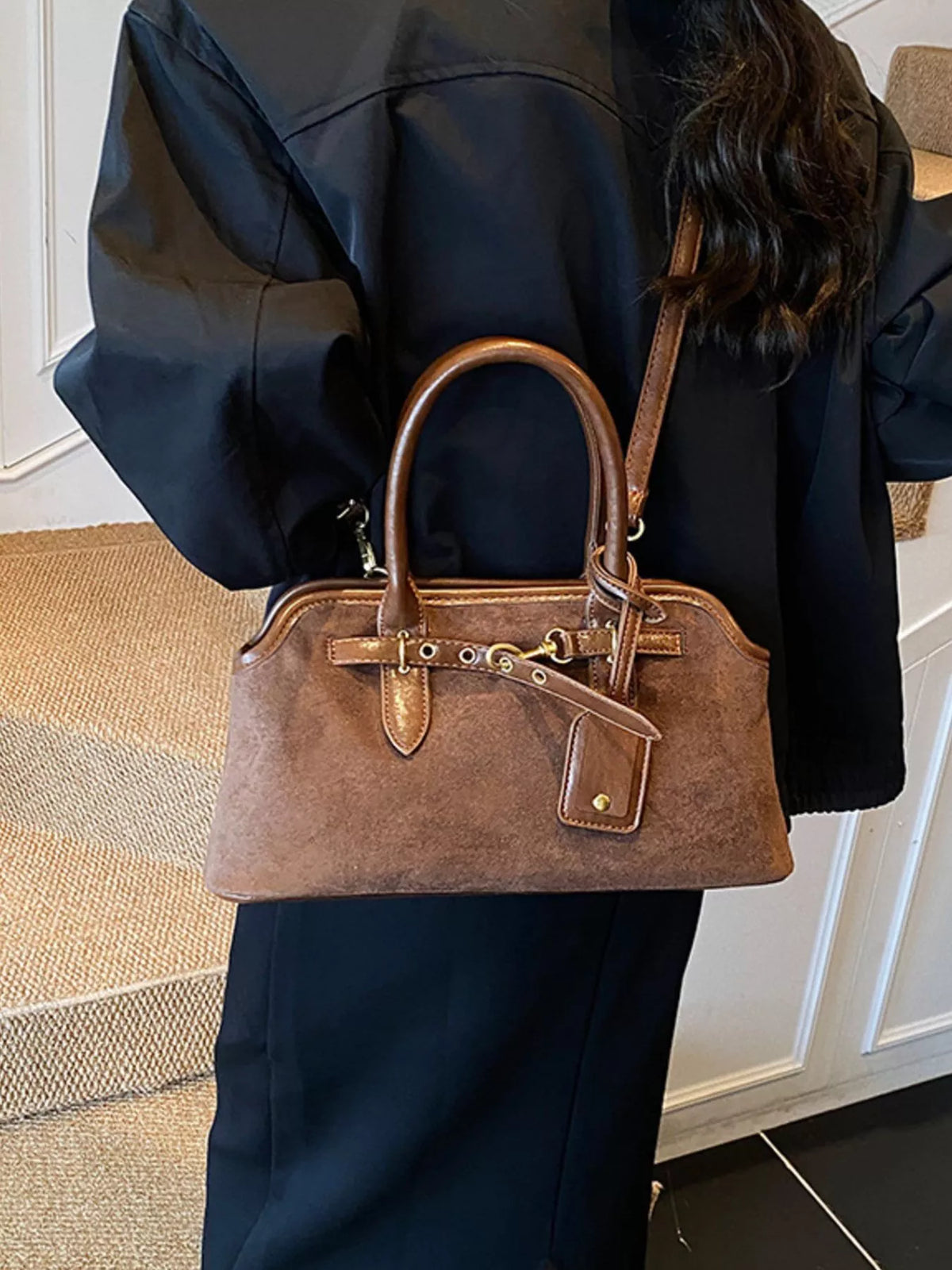 vintage buckle detail handbag – stylish sling | dropsona - neutral - close-up detail