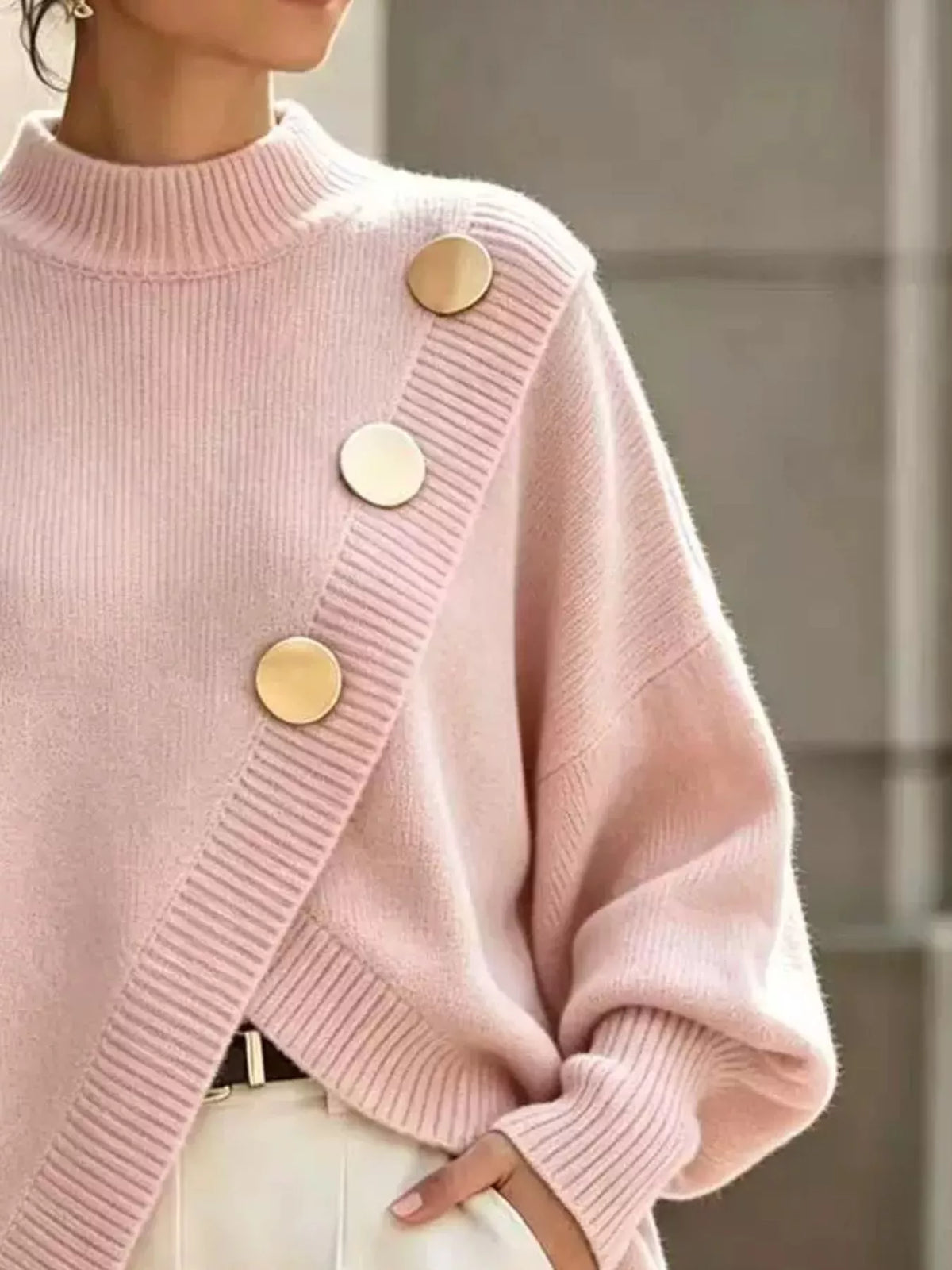 asymmetric button-decorated sweater | dropsona - neutral - front view