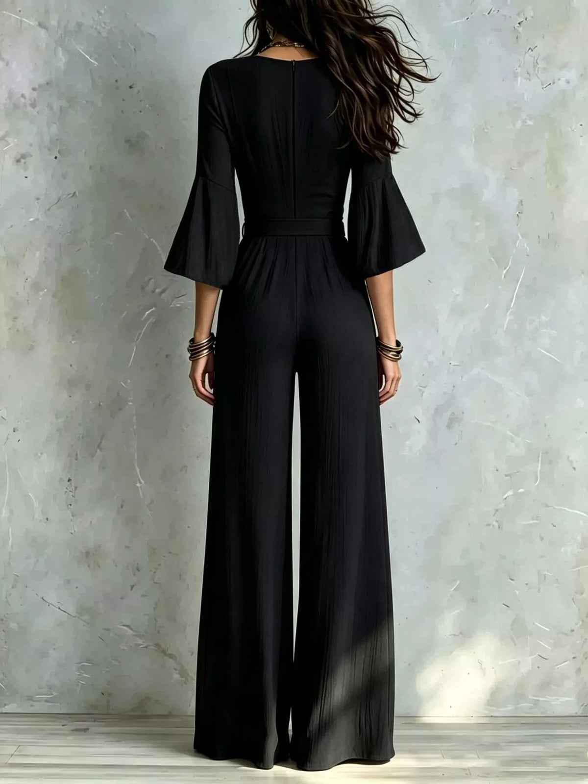pleated wide-leg jumpsuit with tie-waist | dropsona - neutral - front view