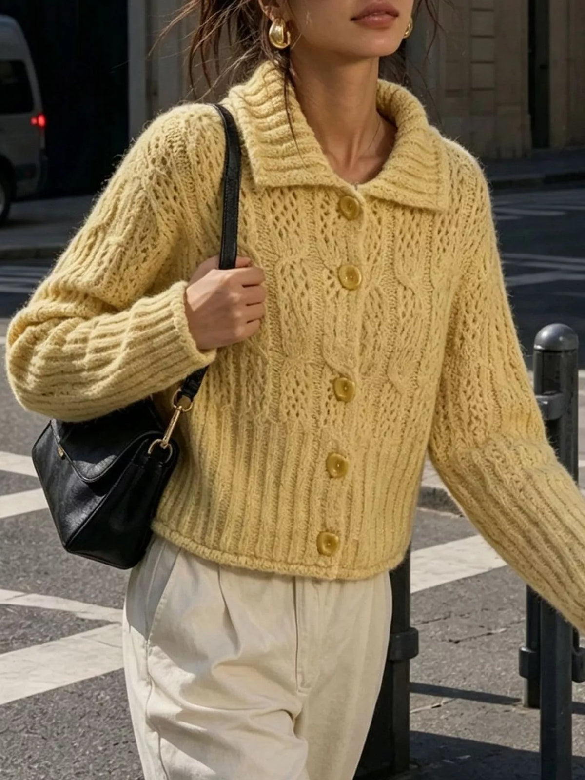cable-knit button up cardigan – cable-knit,buttoned | dropsona - neutral - close-up detail