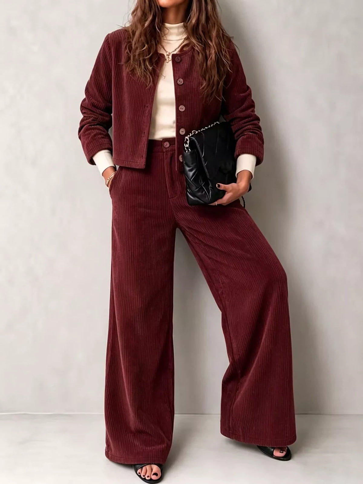 full size corduroy button-down jacket and wide-leg | dropsona - neutral - material texture