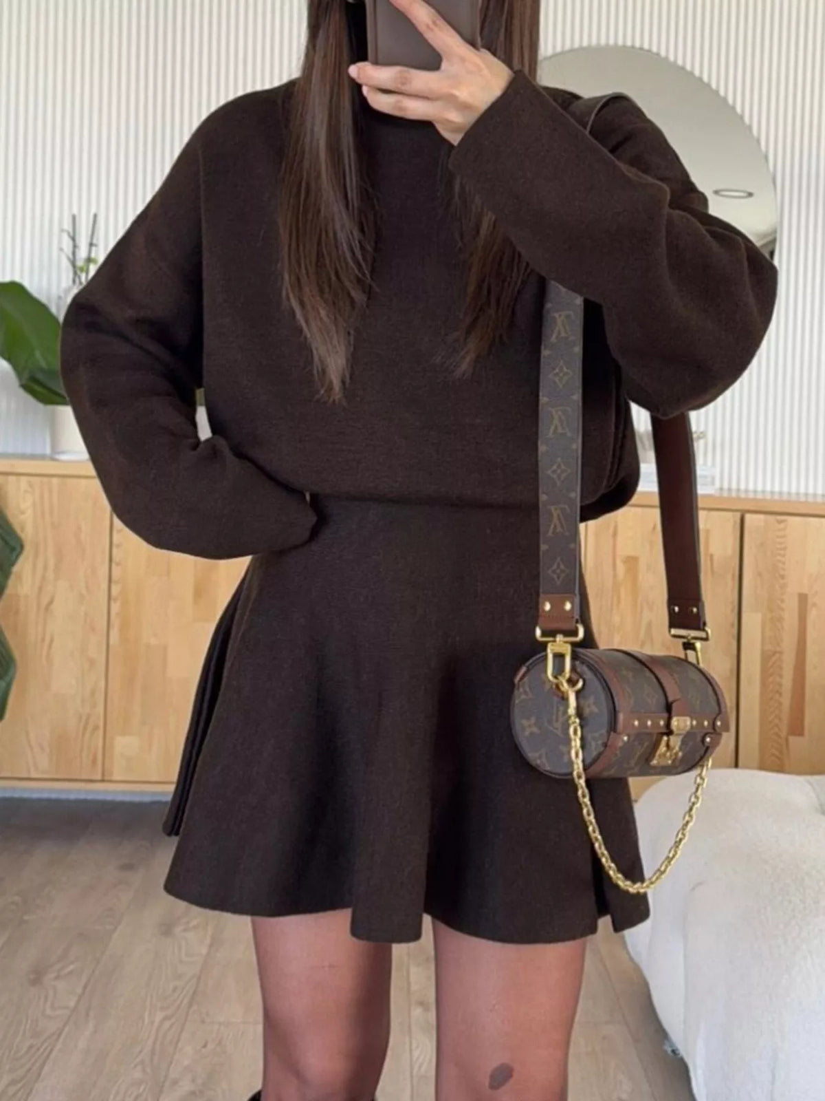 mock neck knit top and flared skirt set | dropsona - neutral - material texture