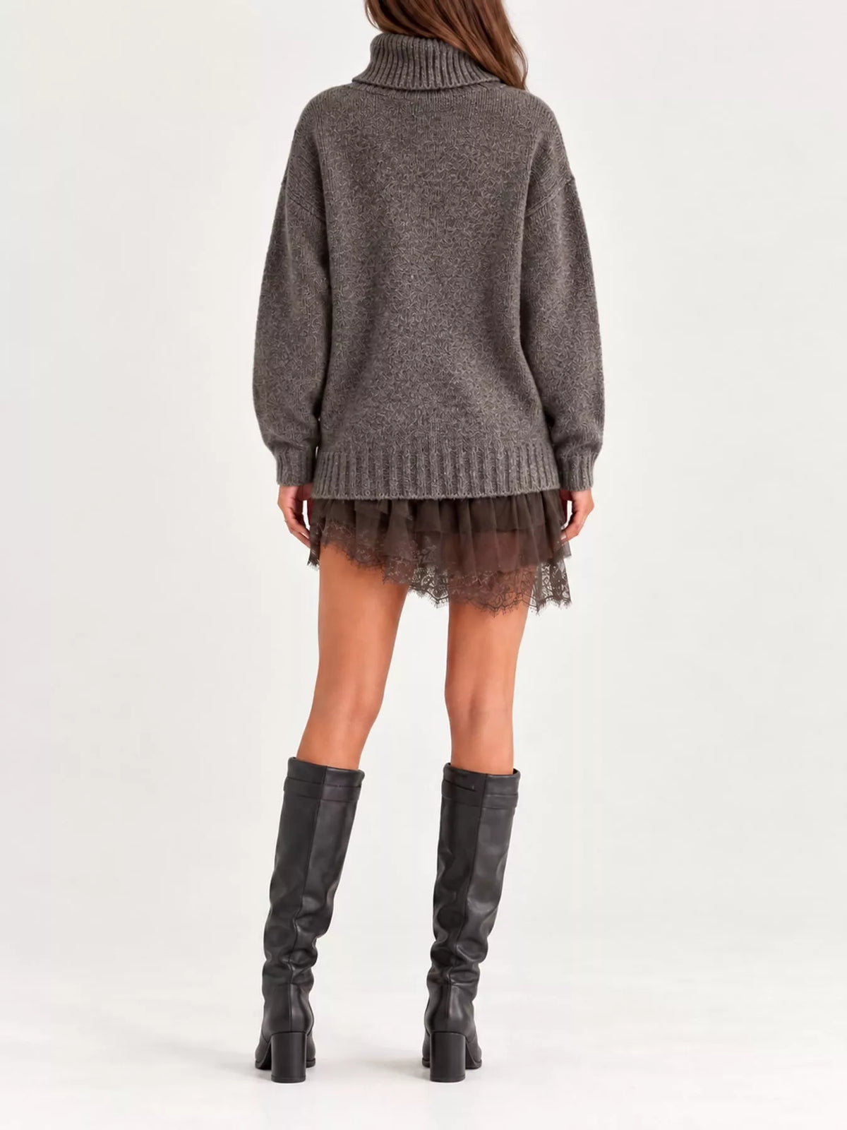 full size turtleneck sweater and lace hem dress set | dropsona - neutral - usage example