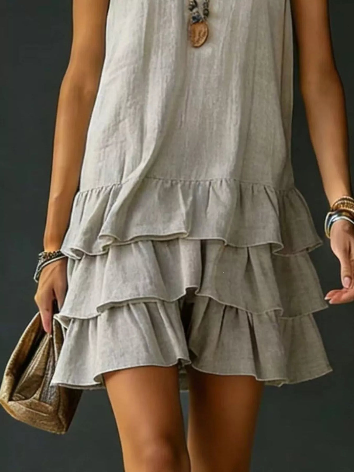 full size ruffled hem v-neck sleeveless dress plus size - close-up detail