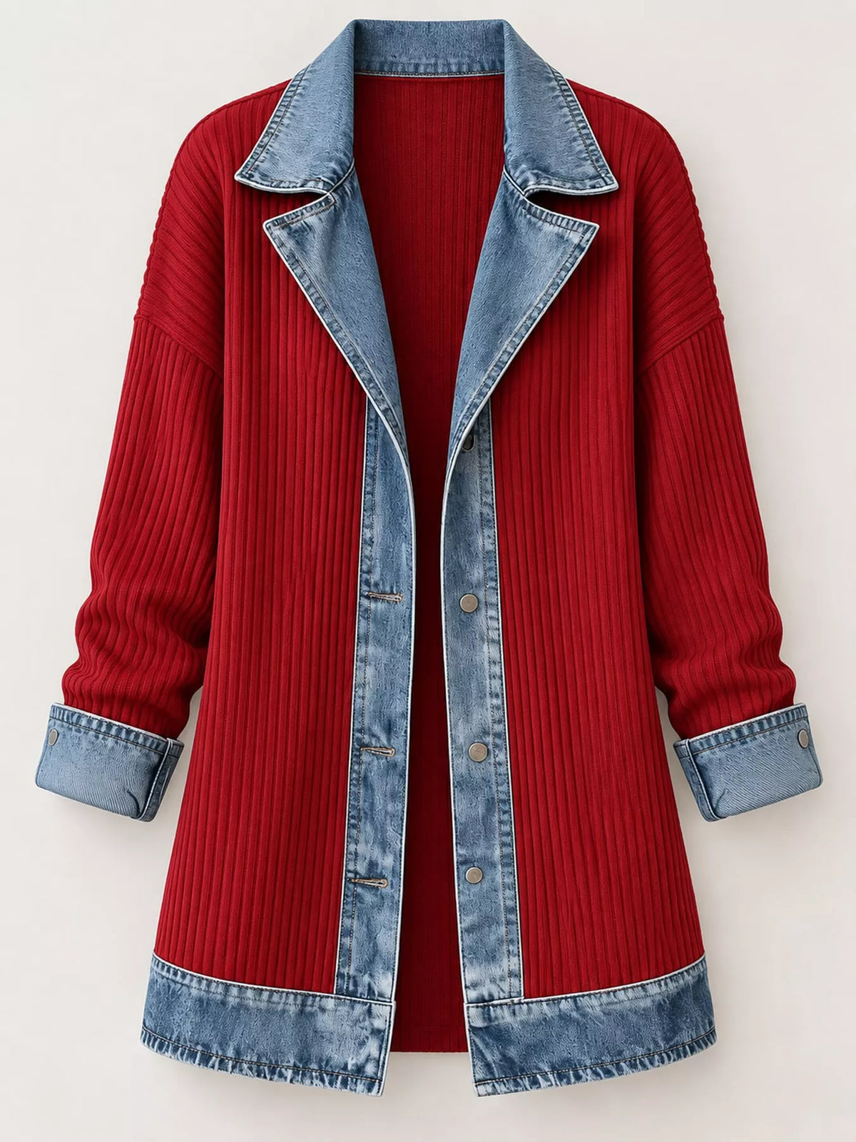 full size denim trim ribbed knit cardigan plus | dropsona - neutral - close-up detail