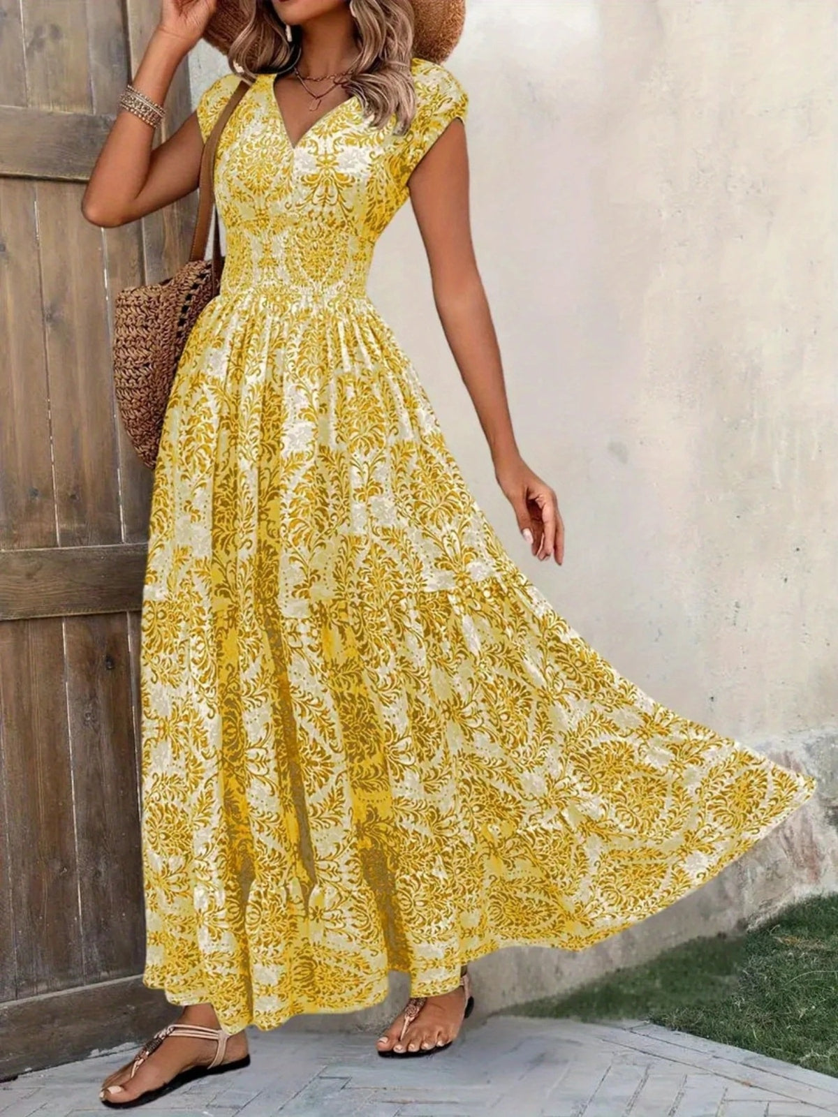 printed cap sleeve maxi dress – tiered,smocked | dropsona - neutral - packaging