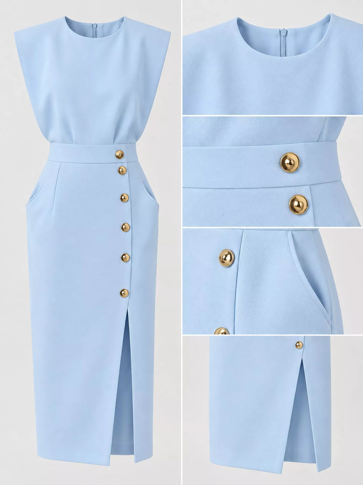 sleeveless midi dress with gold button detail and | dropsona - neutral - usage example