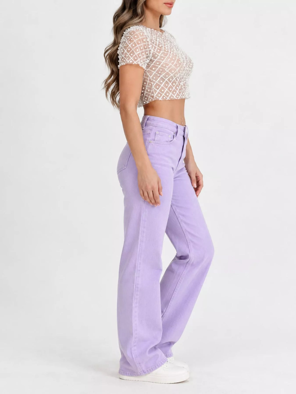 sheer mesh pearl embellished crop blouse | dropsona - neutral - material texture