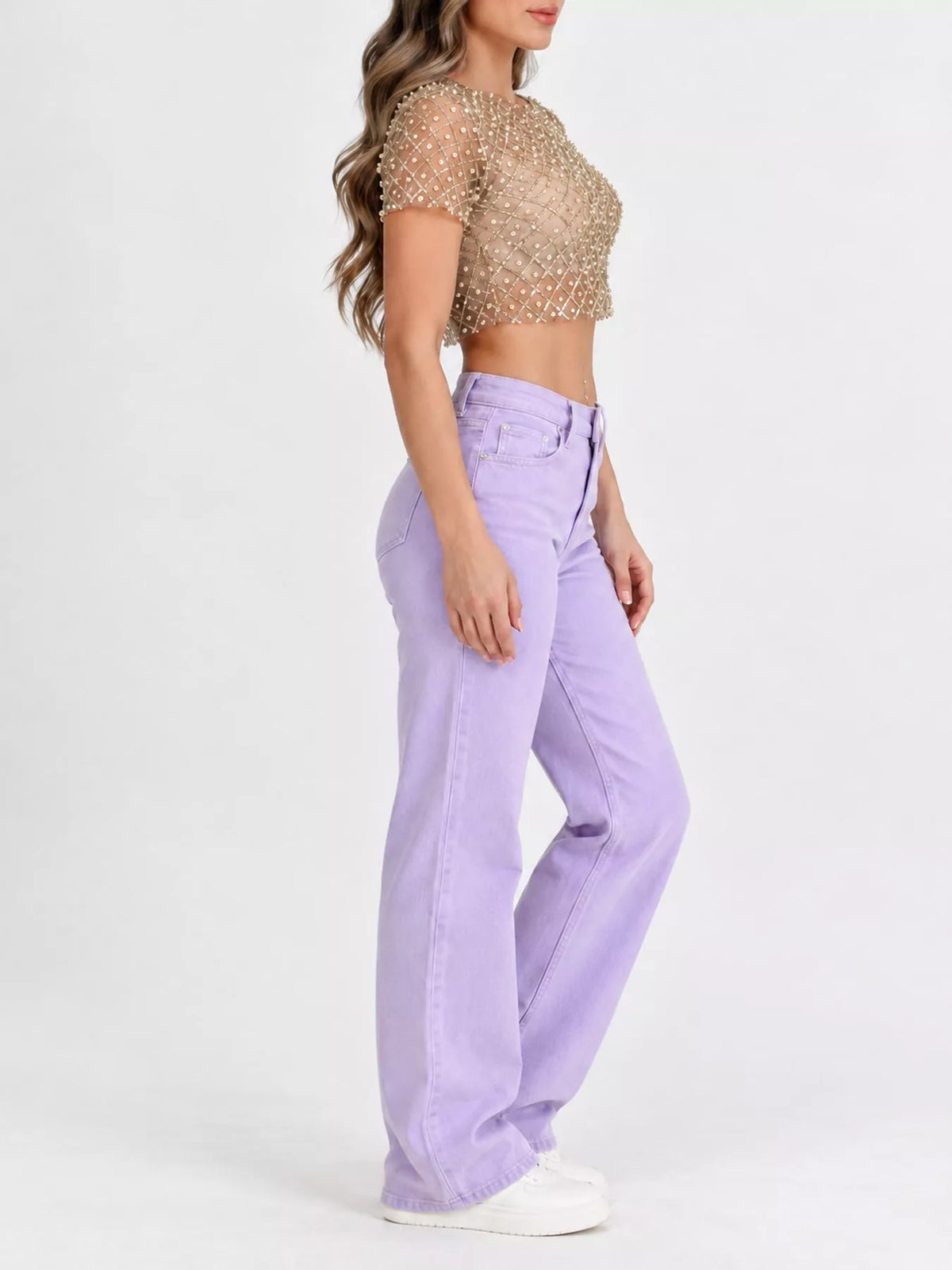 sheer mesh pearl embellished crop blouse | dropsona - neutral - material texture