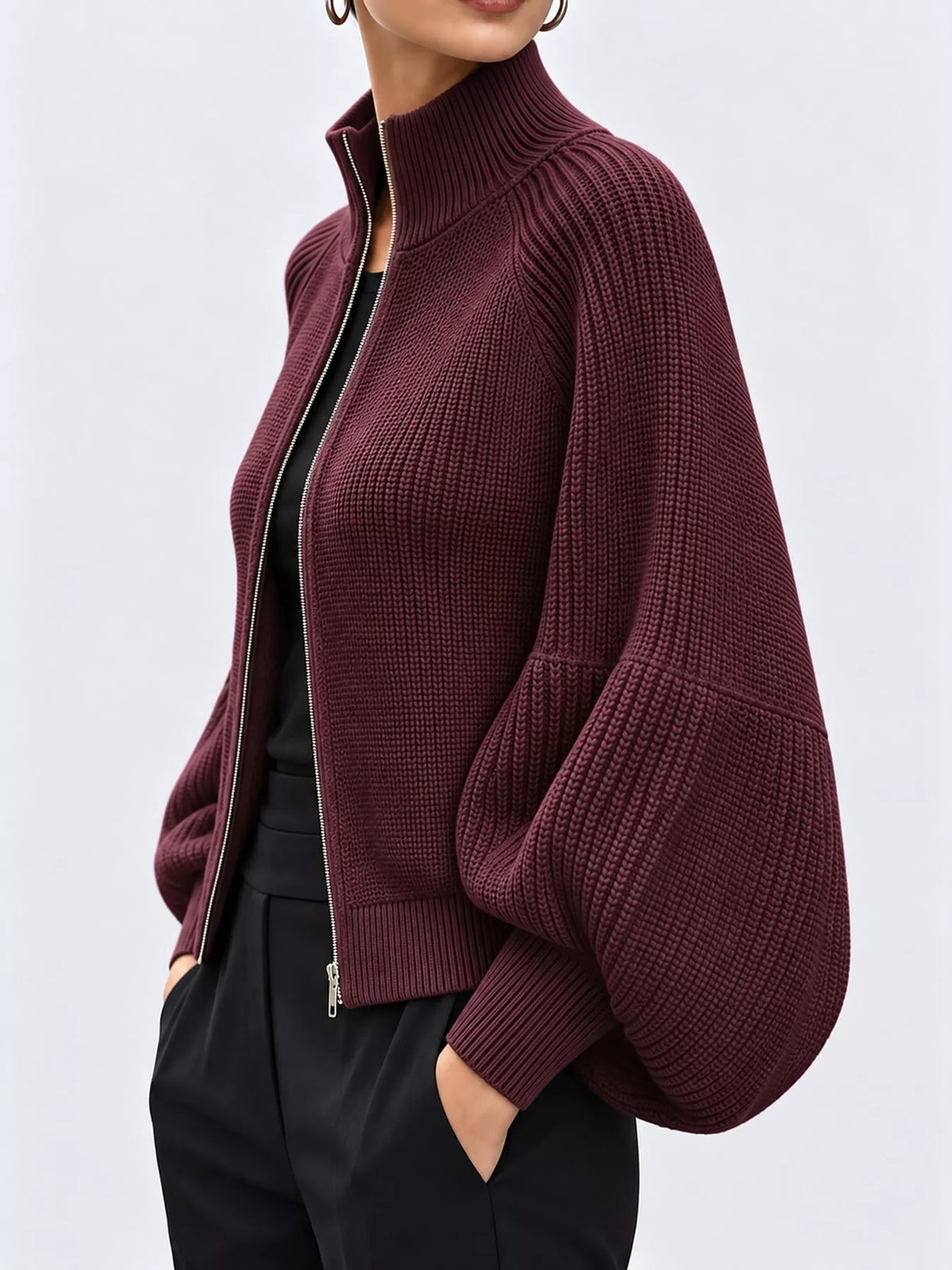 full size elegant ribbed knit zip-up cardigan with | dropsona - neutral - front view