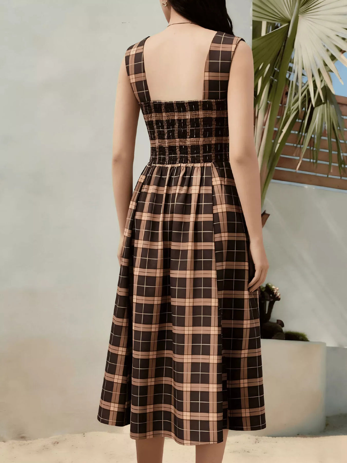 square neck plaid midi dress – basic style | dropsona - neutral - material texture