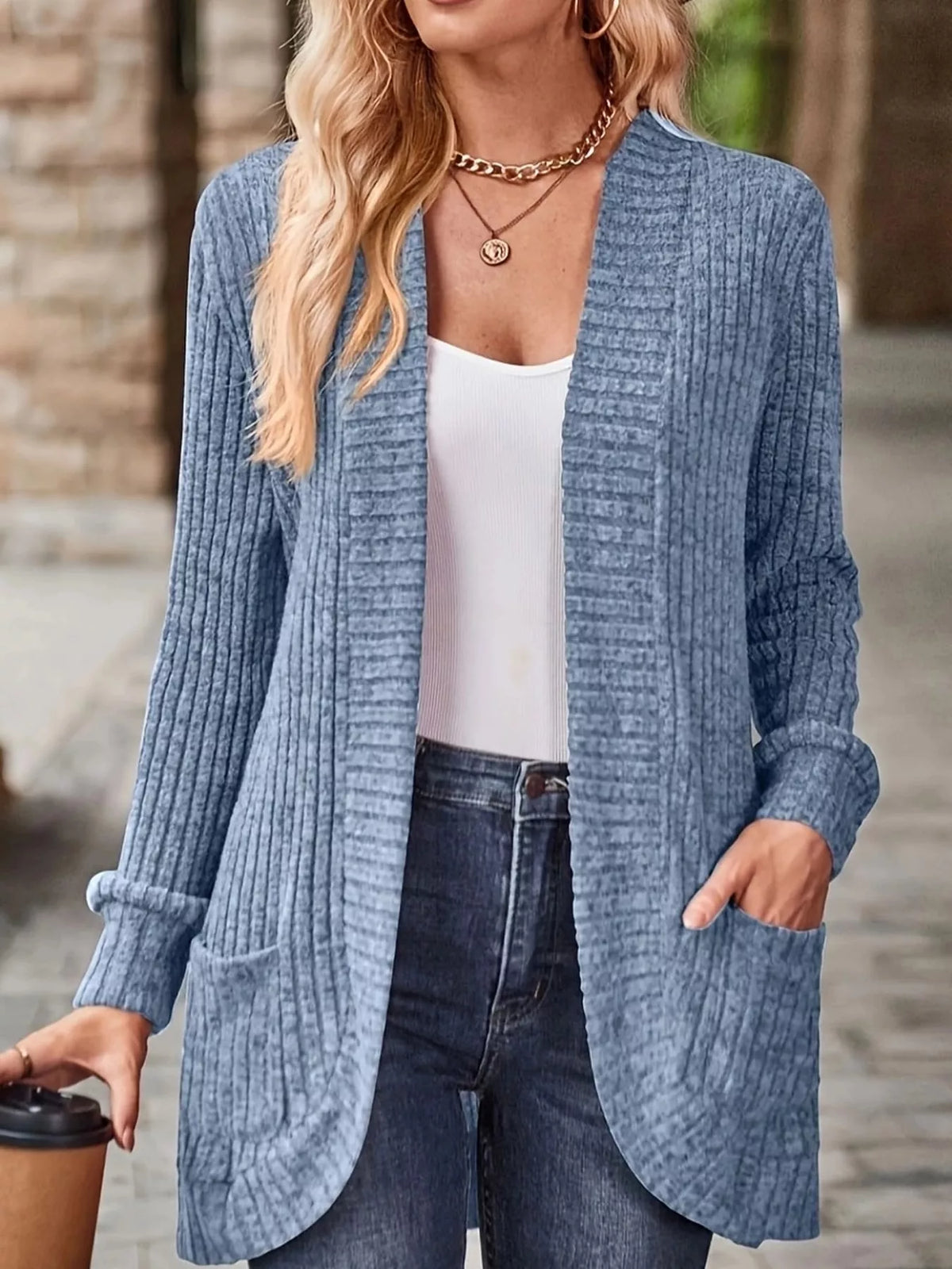 ribbed knit open front cardigan with pockets | dropsona - neutral - usage example