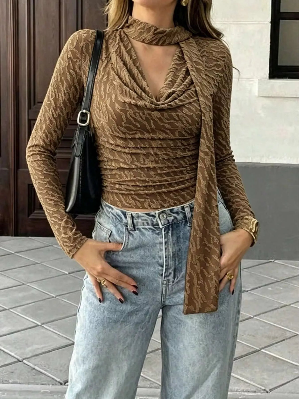 textured cowl neck long sleeve blouse with scarf | dropsona - neutral - usage example