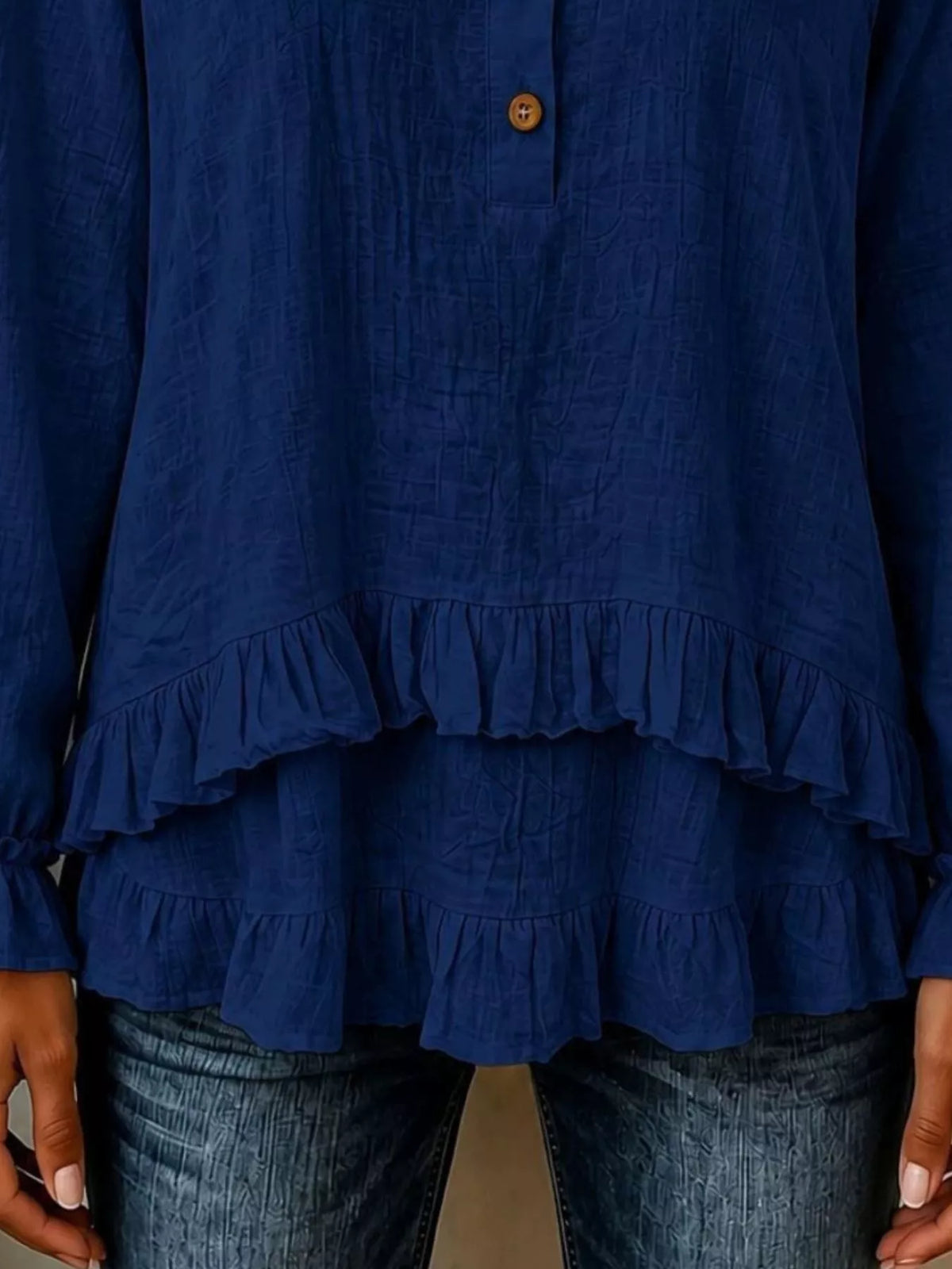 v-neck long sleeve button detail ruffled hem blouse | dropsona - neutral - usage example