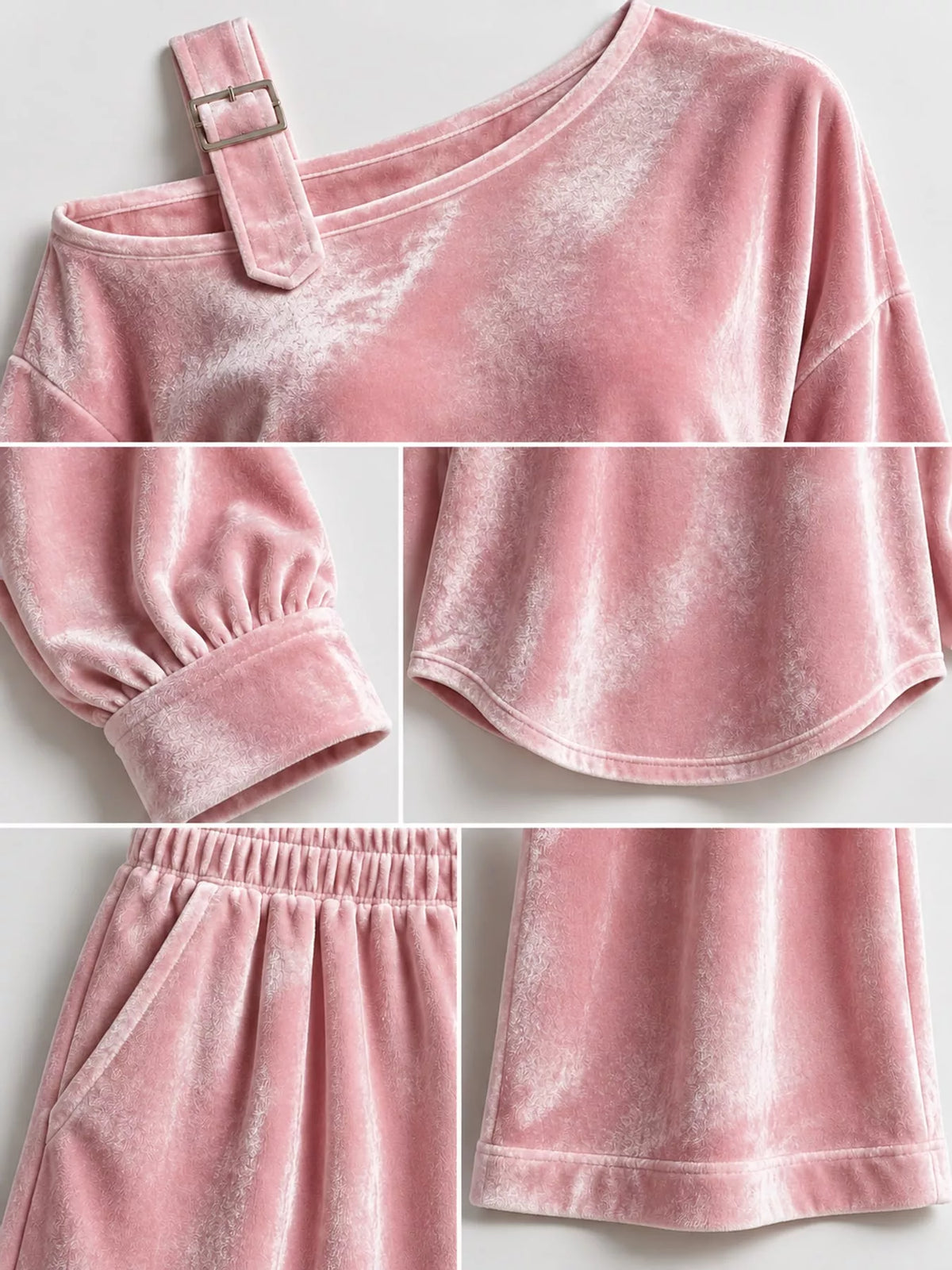 asymmetrical neck top and pants set | dropsona - neutral - close-up detail