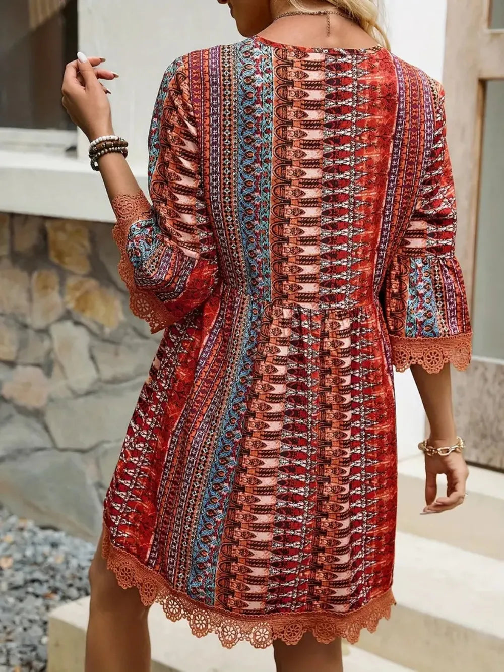 lace trim printed v-neck 3/4 sleeve dress - size reference
