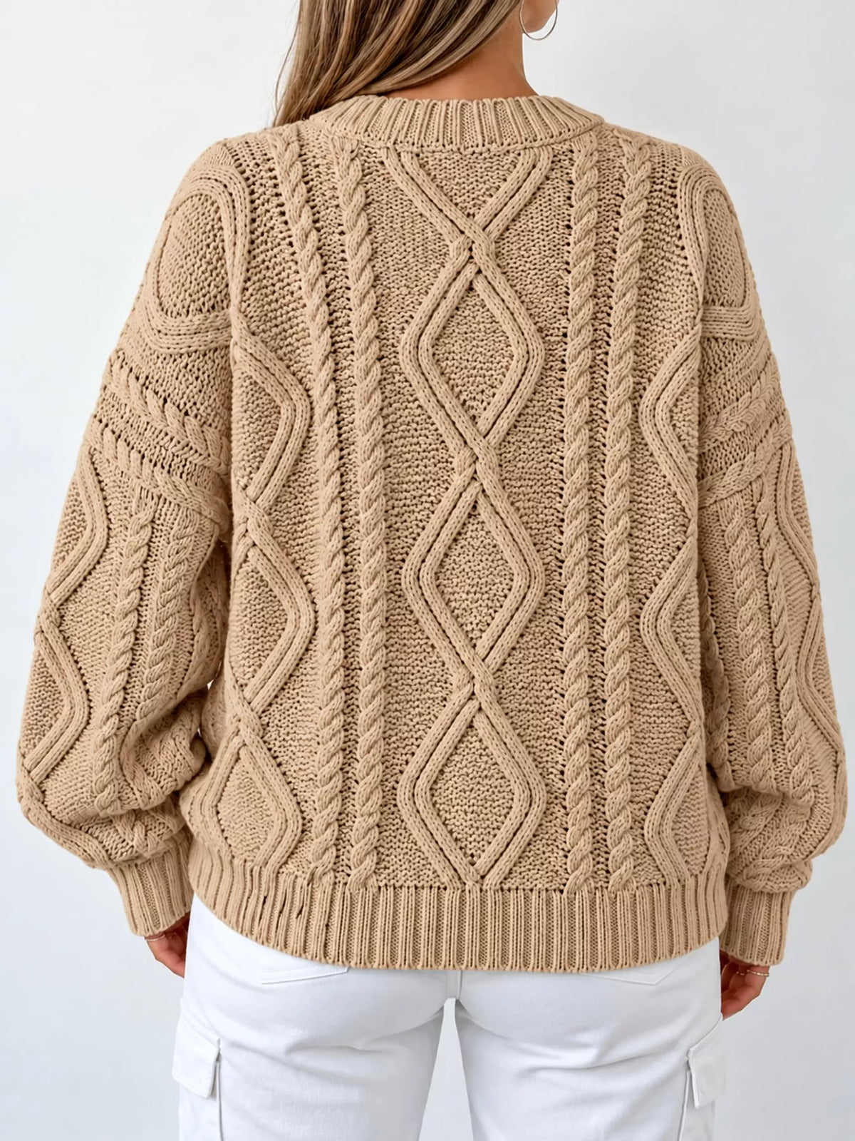 full size cable-knit round neck sweater plus | dropsona - neutral - front view