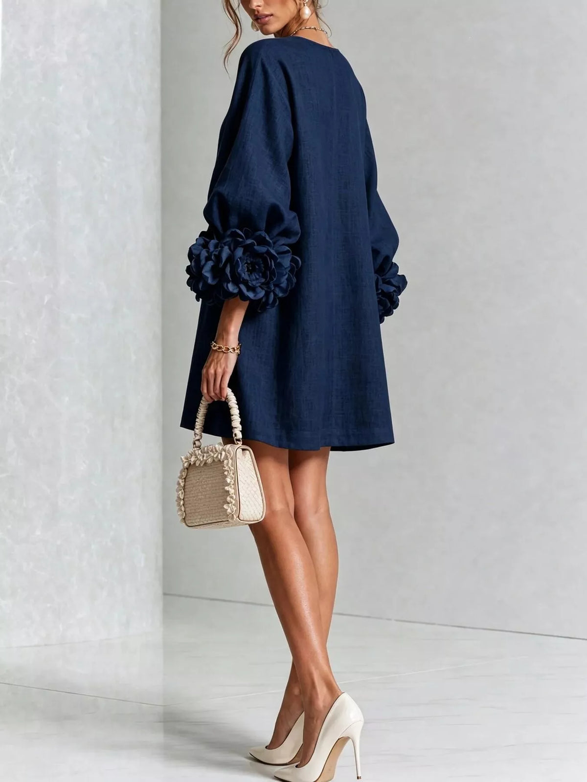 full size 3d floral sleeve round neck dress plus | dropsona - neutral - material texture