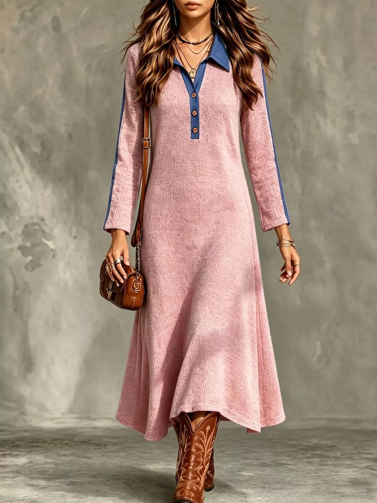 full size casual colorblock polo collar long sleeve | dropsona - neutral - front view