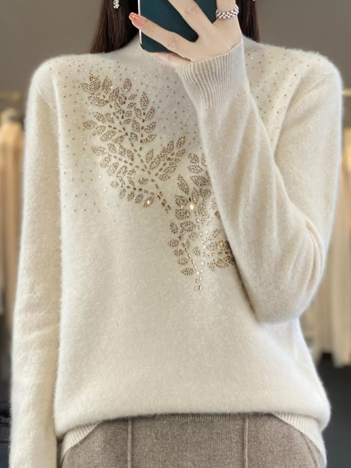 rhinestone leaf mock neck sweater | dropsona polyester - neutral - front view
