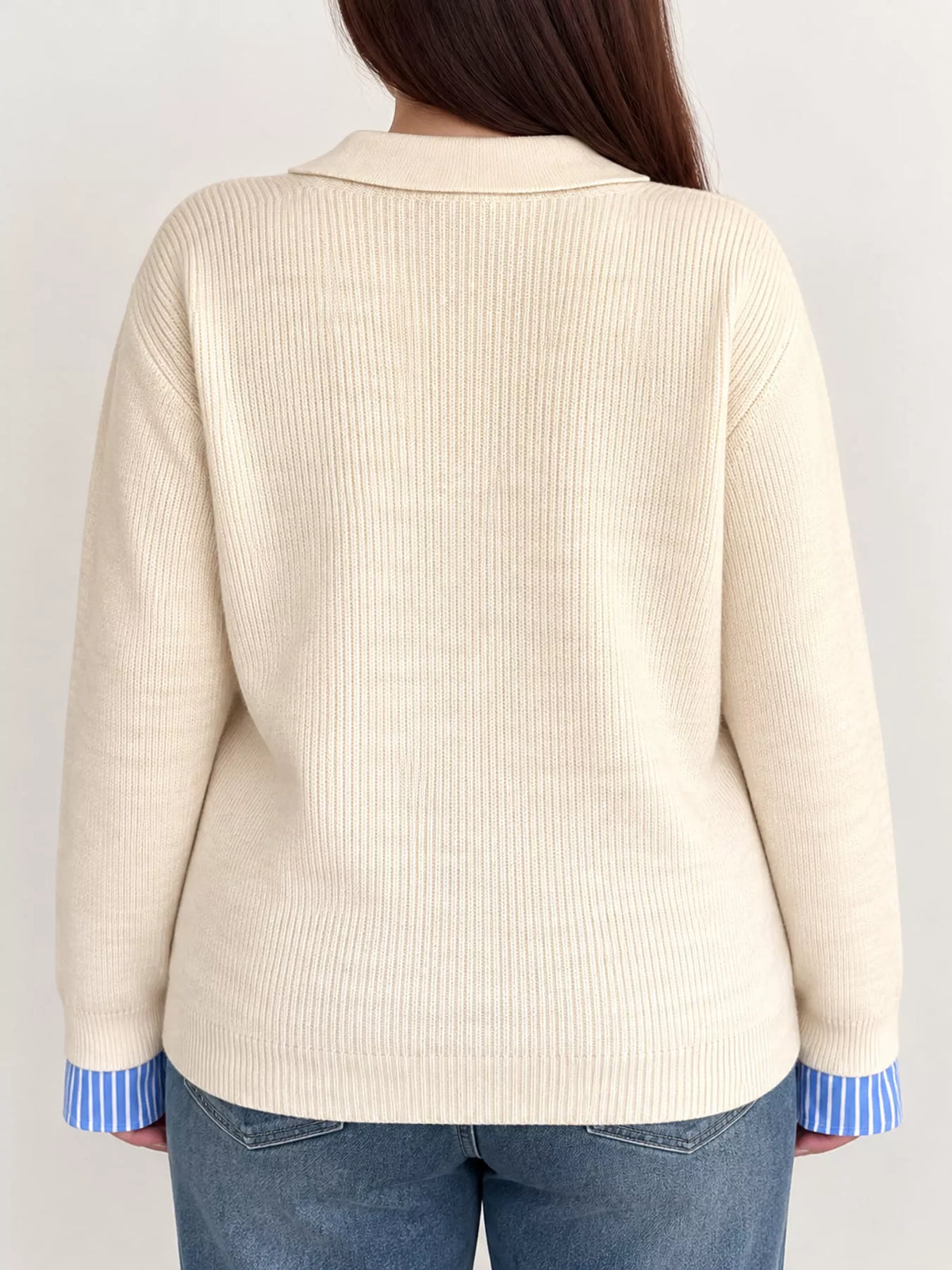 plus size layered look striped long sleeve sweater | dropsona - neutral - close-up detail