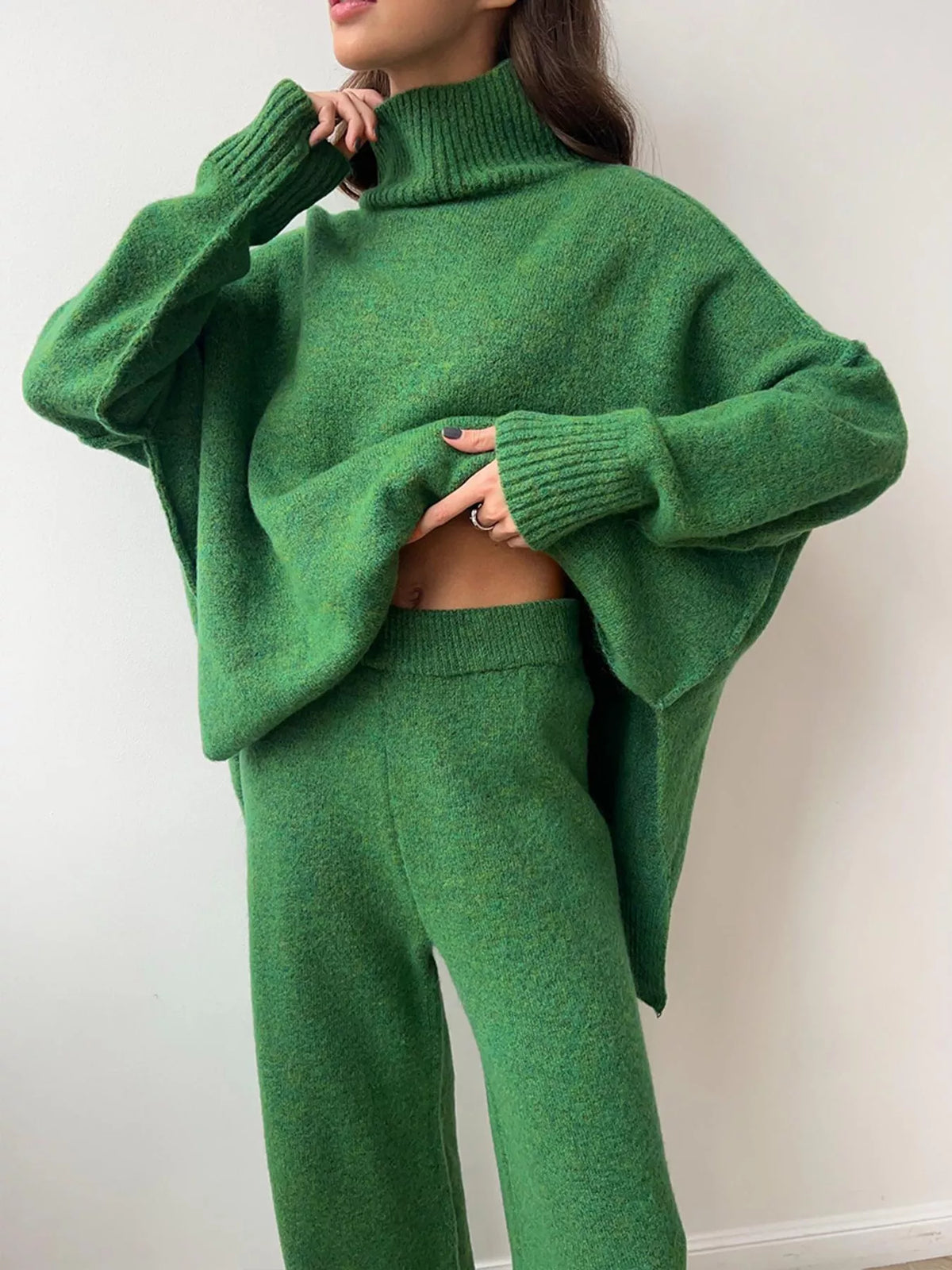full size oversized turtleneck knit top and wide-leg | dropsona - neutral - size reference