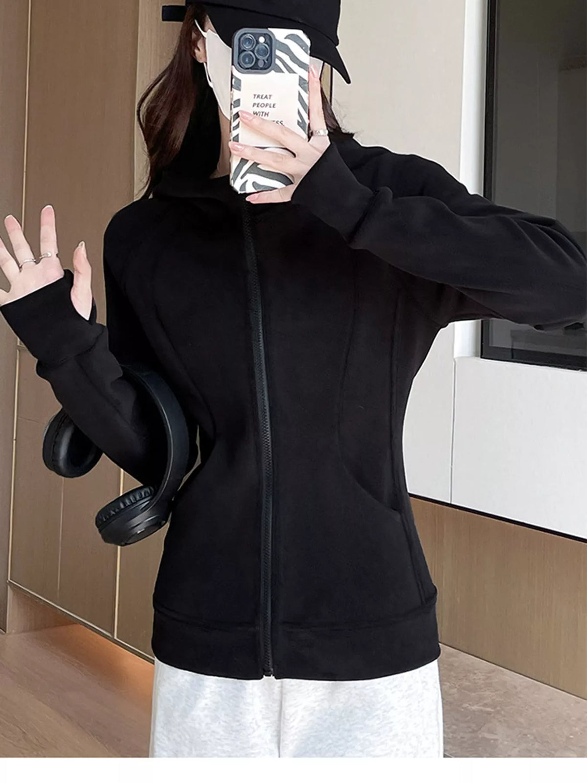 slim-fit full-zip thumb hole long sleeve hoodie with | dropsona - neutral - usage example