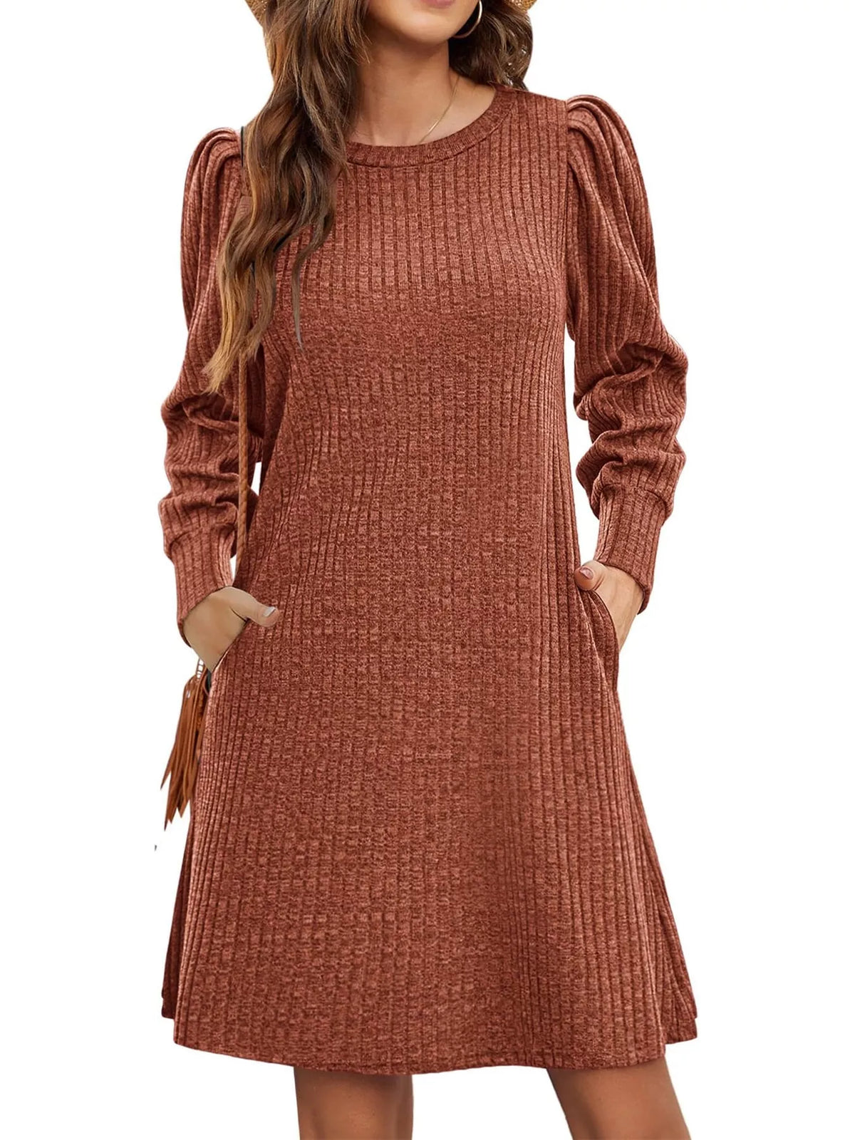 puff sleeve ribbed knit dress with pockets | dropsona - neutral - size reference
