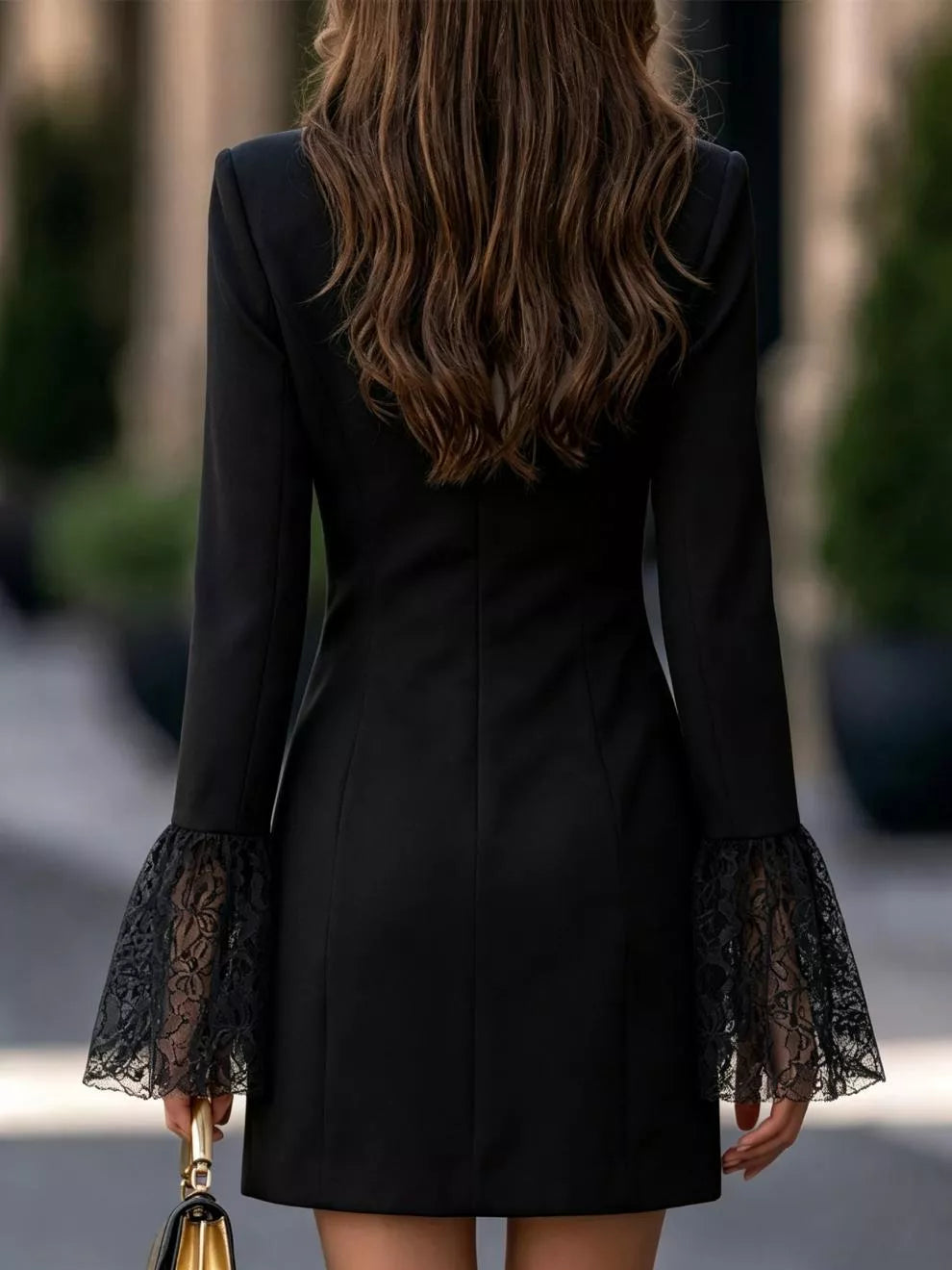 double-breasted blazer dress with lace flare cuffs | dropsona - neutral - front view