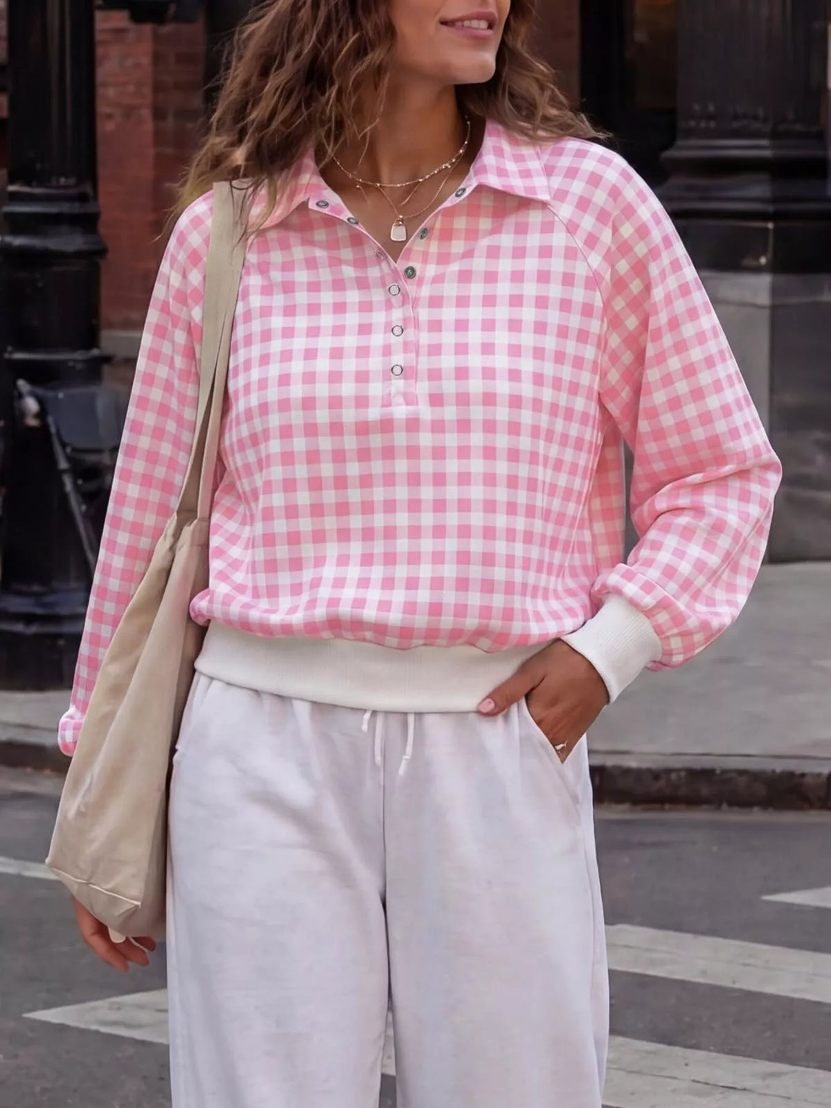 gingham plaid collared sweatshirt with ribbed hem | dropsona - neutral - front view