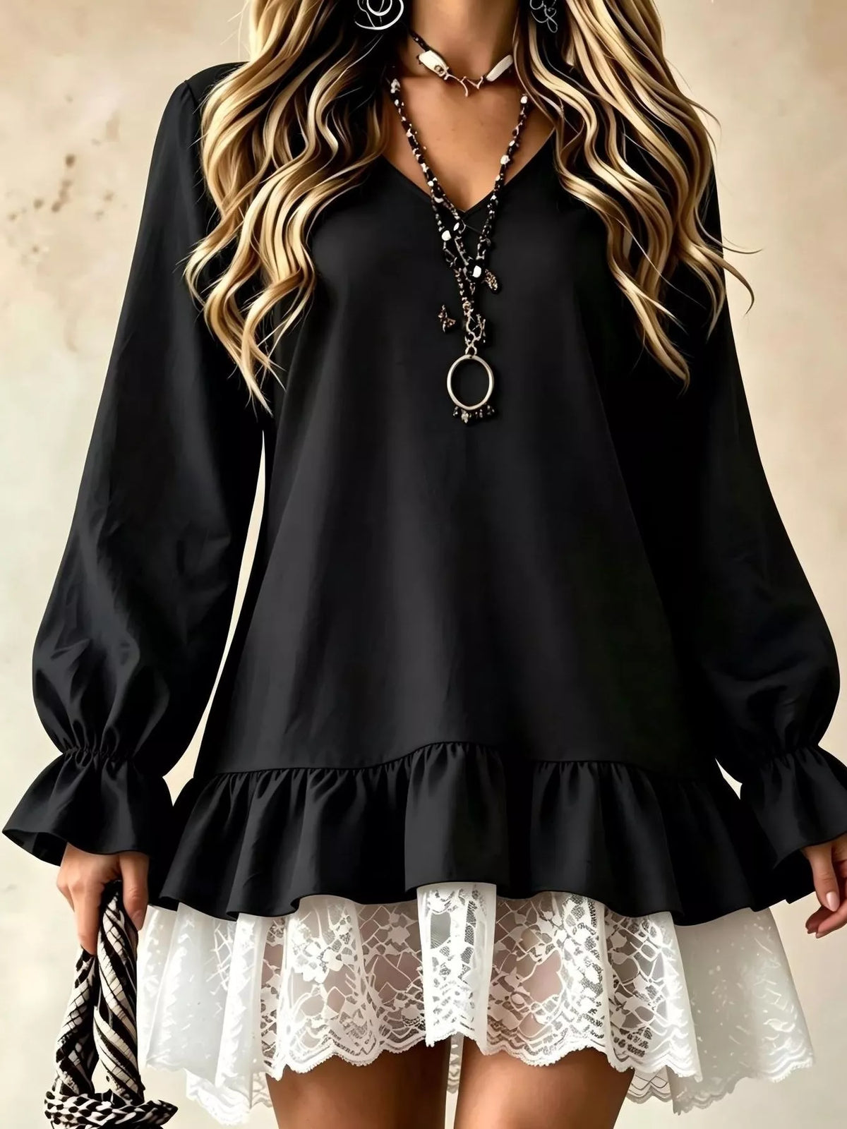 v-neck long sleeve ruffle hem lace trim mini dress | dropsona - neutral - close-up detail